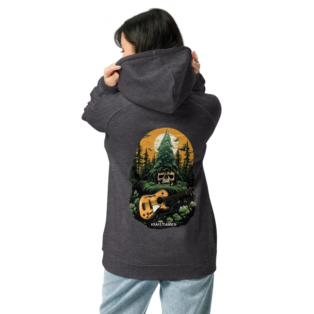 Unisex Eco Raglan Hoodie 🌲 Skeleton head with a guitar in a spruce forest product image (10)