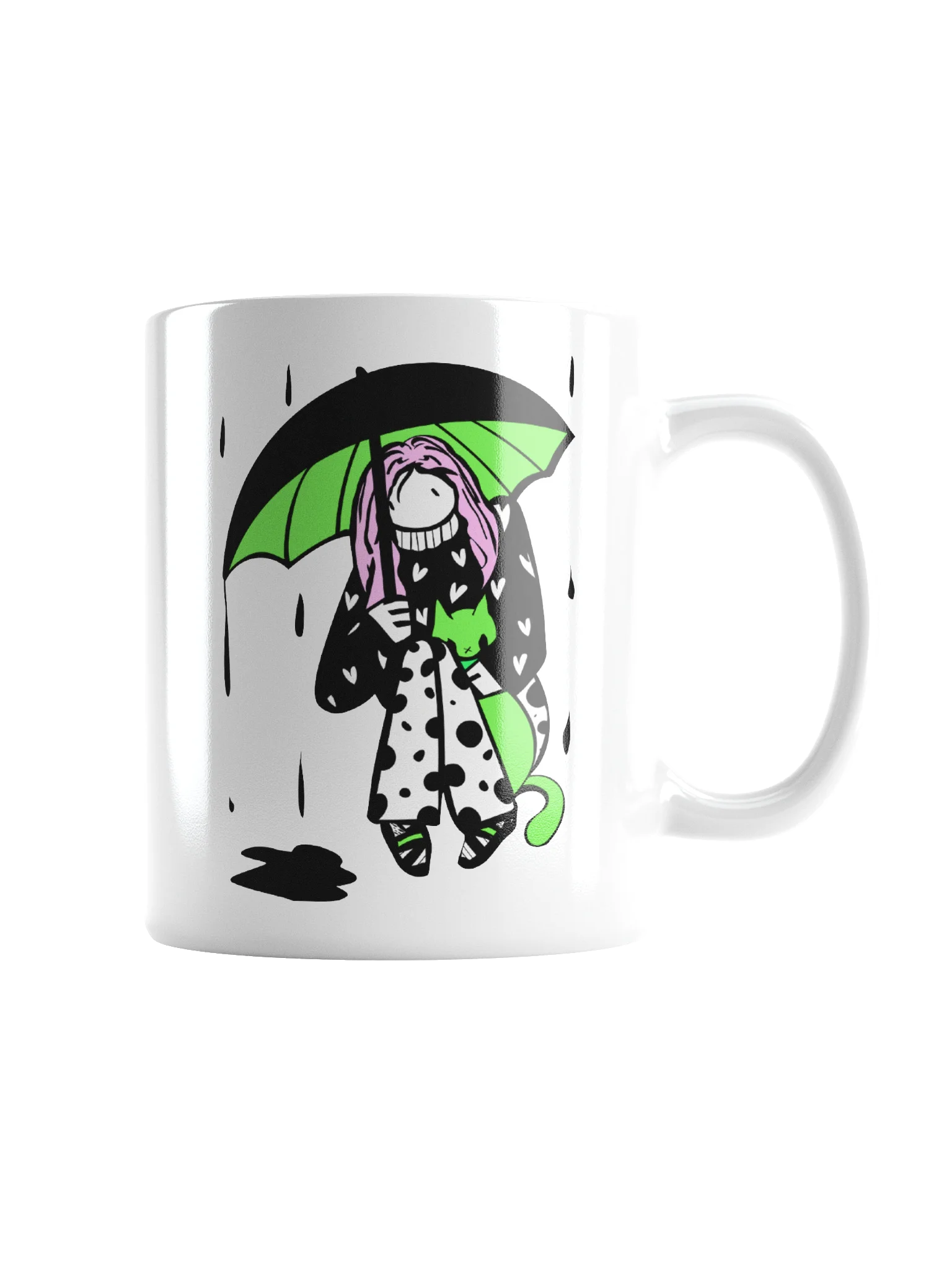Mug: Girl with cat in rain series: green, pink, black and white product image (2)