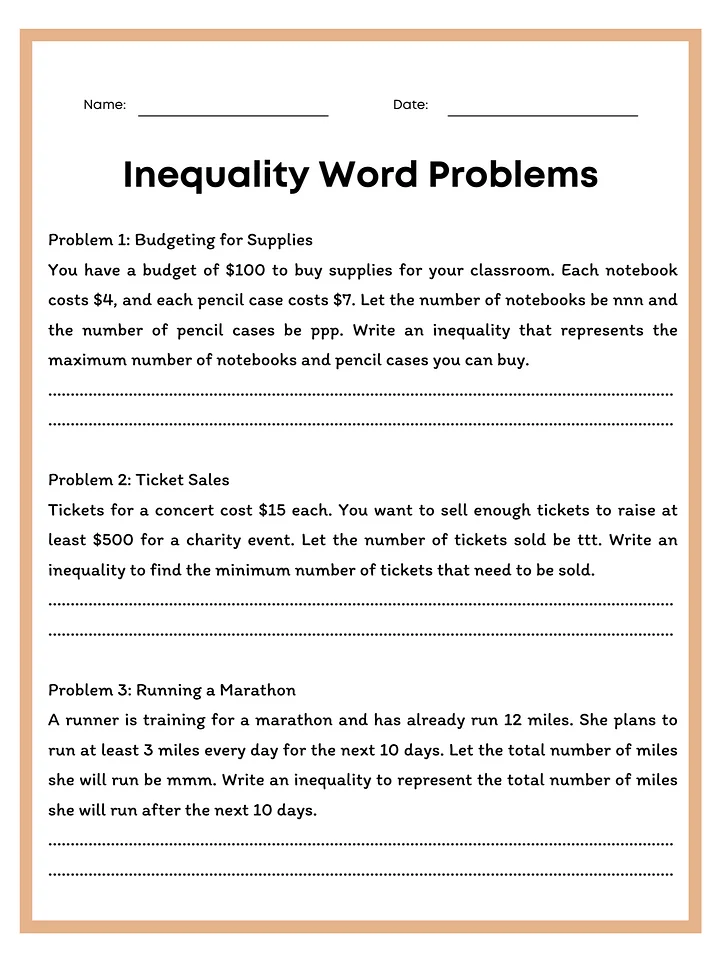 Inequality Word Problems Worksheet with Answer Key product image (1)