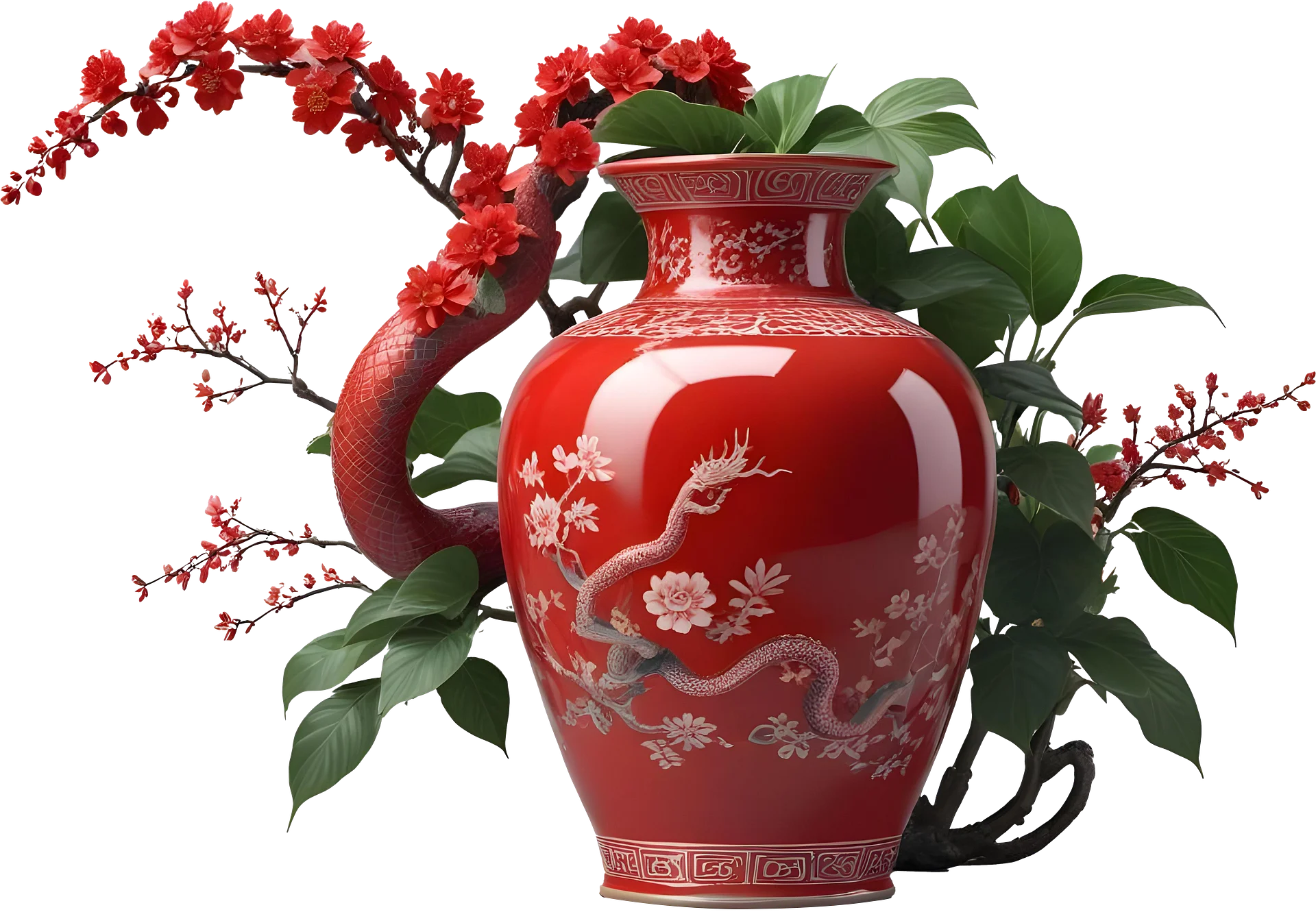 Chinese Art – Red Vase with Snake Motif PNG product image (1)