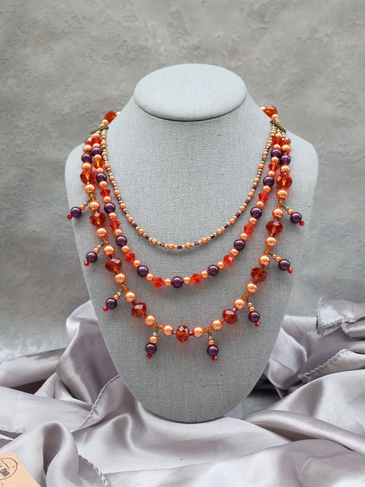 Orange and Purple Three Layered Necklace with Earrings product image (1)
