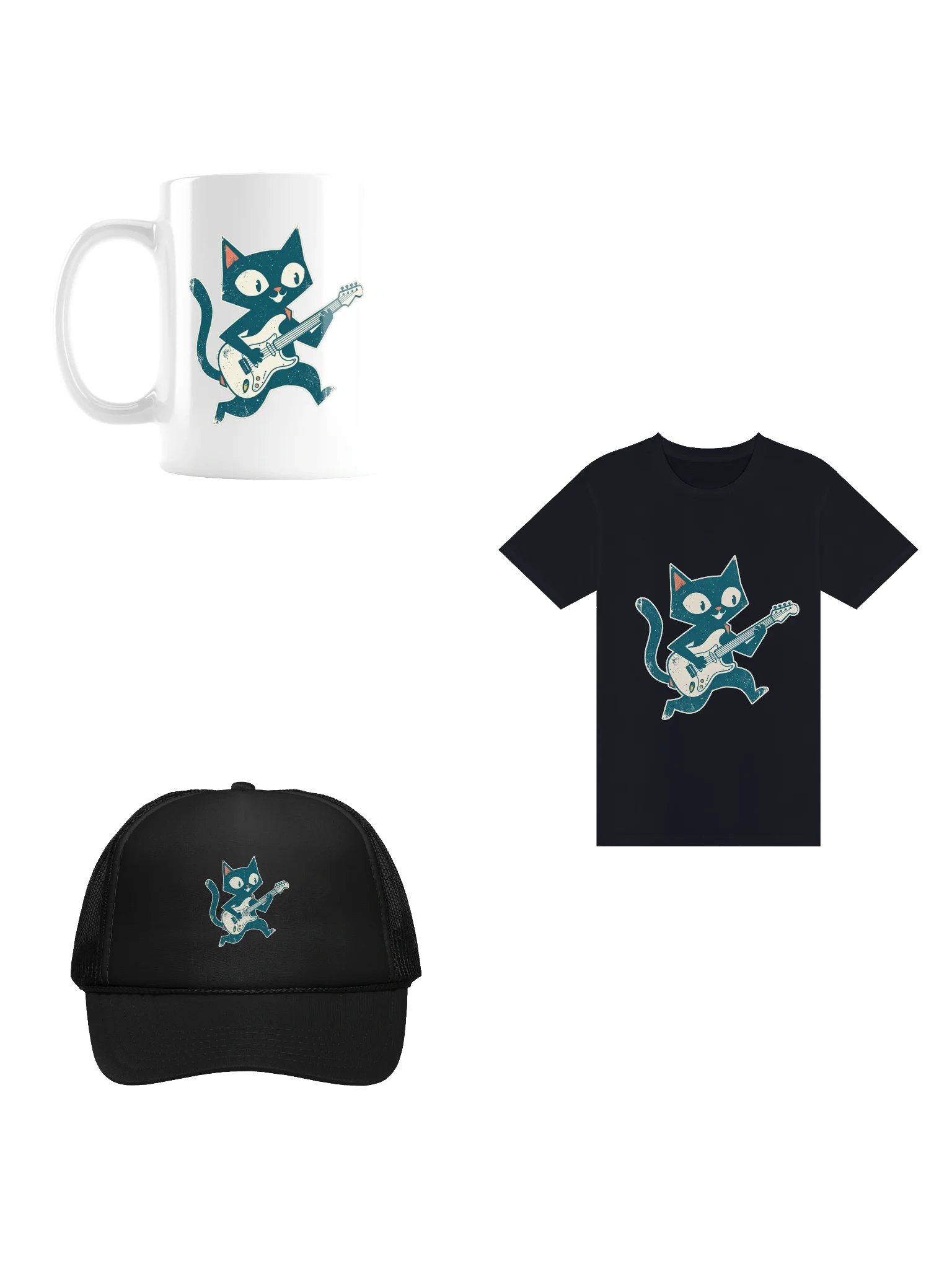 Retro Rock Cat Bundle – T-Shirt, Trucker Hat & Mug Set, Vintage Cat Playing Guitar Gift for Guitarists & Cat Lovers product image (1)