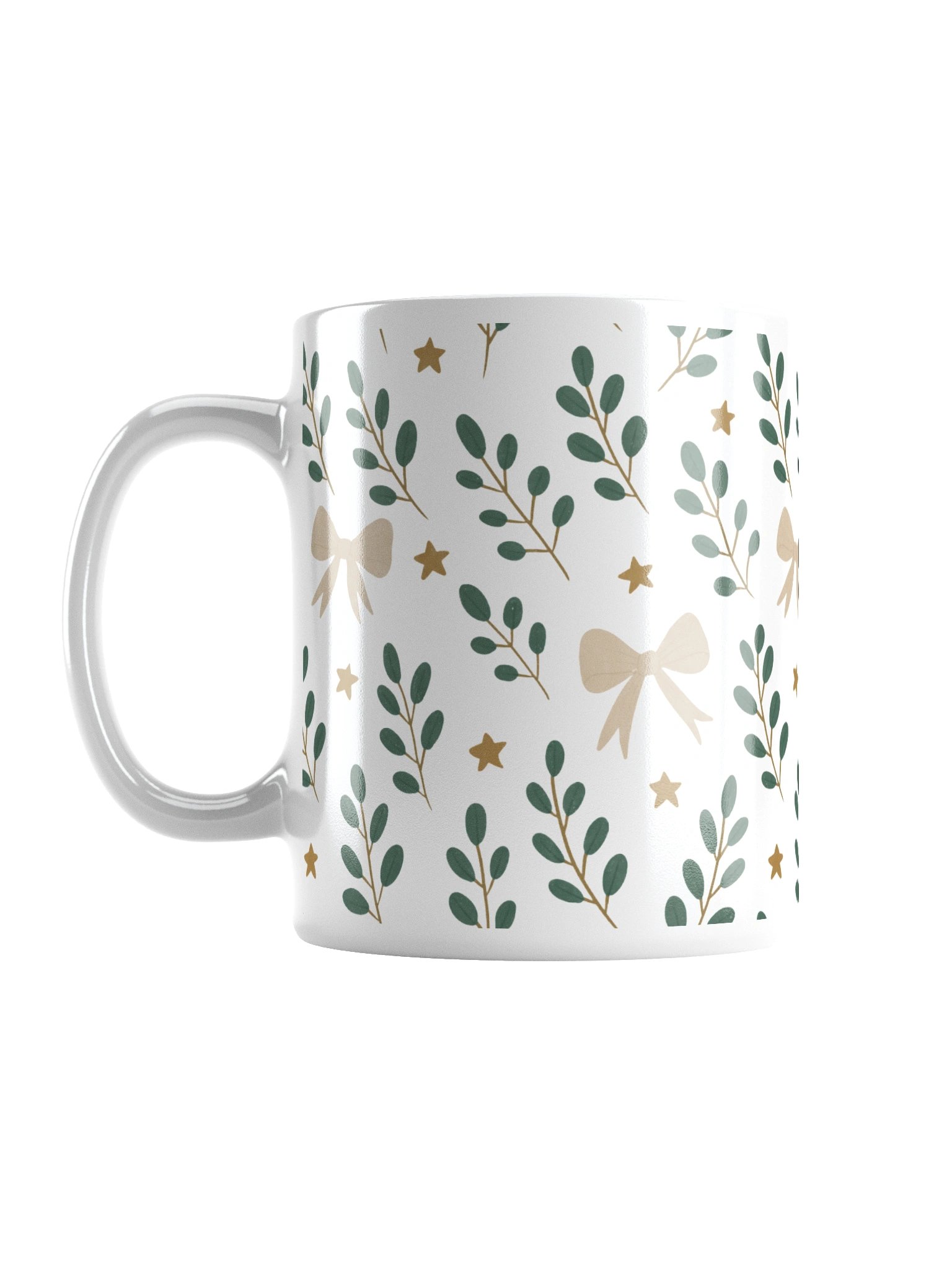 White glossy mug ribbons & stars botanical Christmas. Elegant botanical holiday mug product image (1)