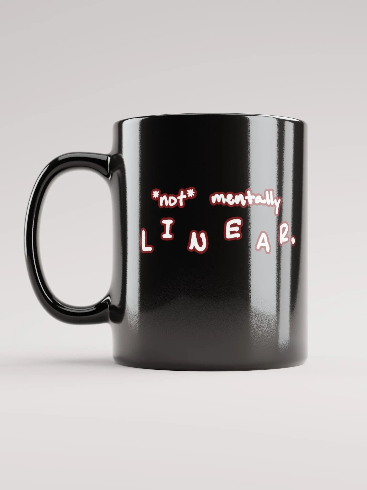 *not* mentally linear (lined design, #6D1616) glossy black mug product image (1)