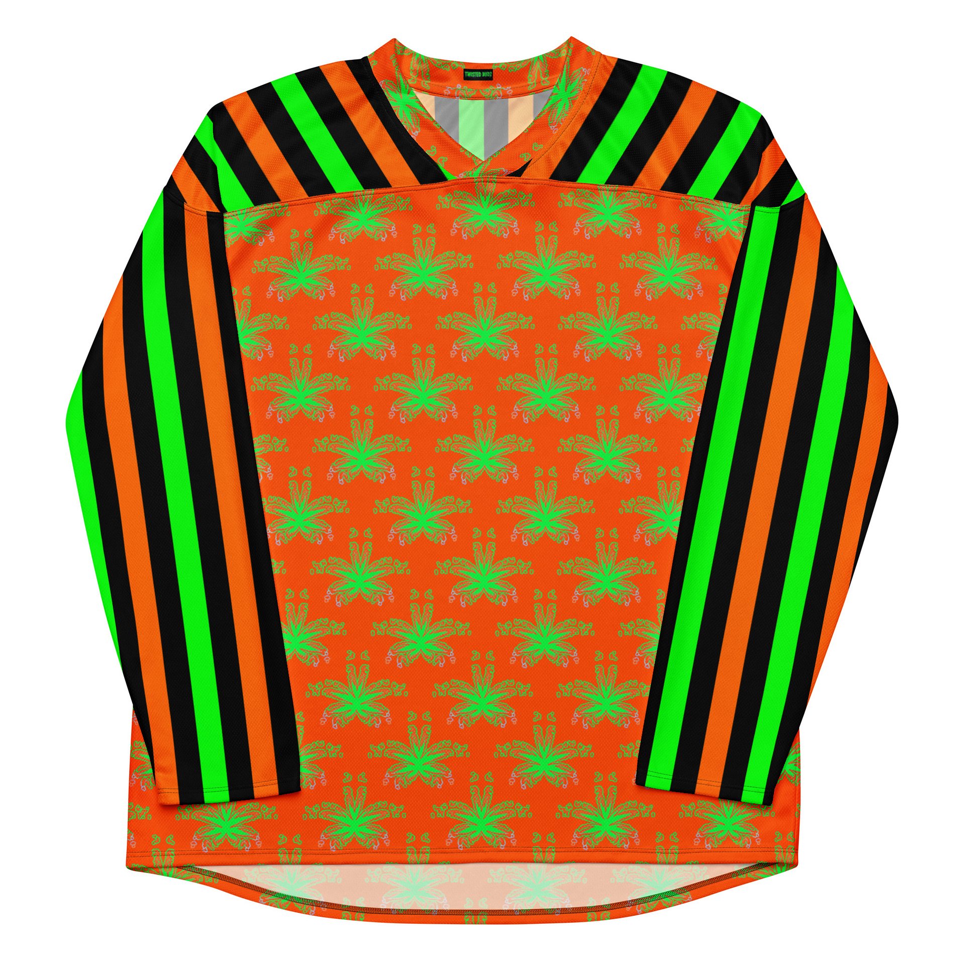 Weed Halloween Hockey Jersey, Cannabis 420 EDM Shirt, Pot Leaf Festival Ravewear, Green Orange Black Stoner Circus Stripe Clowncore Clothing product image (7)