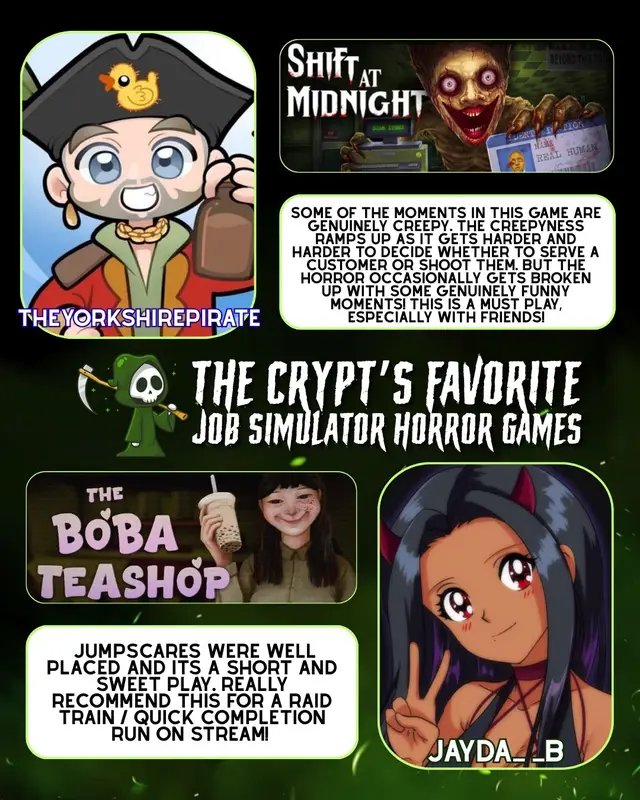 There has been a huge trend of “job simulator” style horror games and an excessive amount of new “Night Shift” named games. Here are a few job simulator horror game recommendations from our Crypties!  Tell us your favorite job simulator style horror game in the comments!! Featured:  @TheYorkshirePirate  Jayda__b @DocLevee  PenanceRPG @DaesHollow  @Sumi  @taiga  @Kenzitronn  #fyp #horror #gaming #horrorgames #indiegames