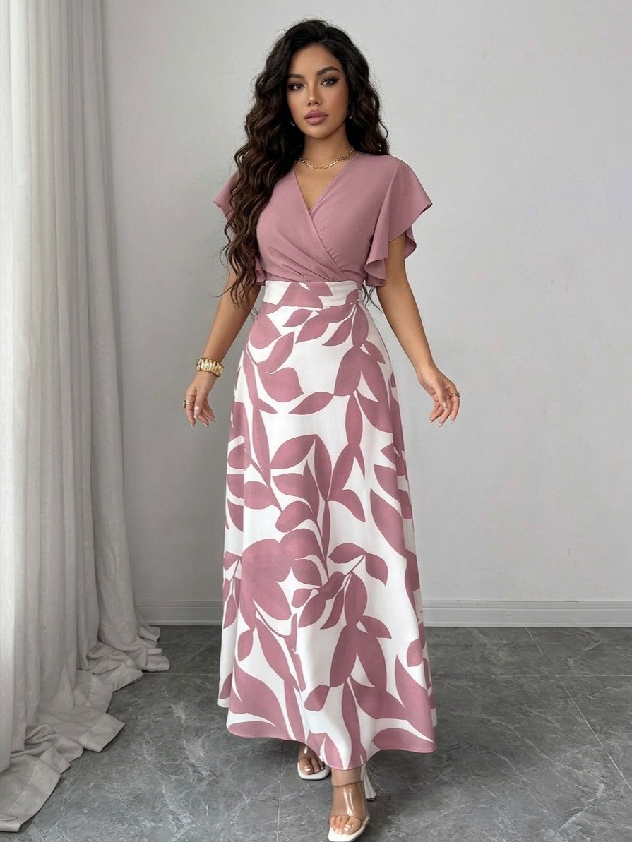 Elenzga Women's Elegant Maturity Black Leaf Pattern Ruched Cap Sleeve Fitted Fla Dress, Autumn And Winter And The Four Seasons Garden Party Brunch product image (3)