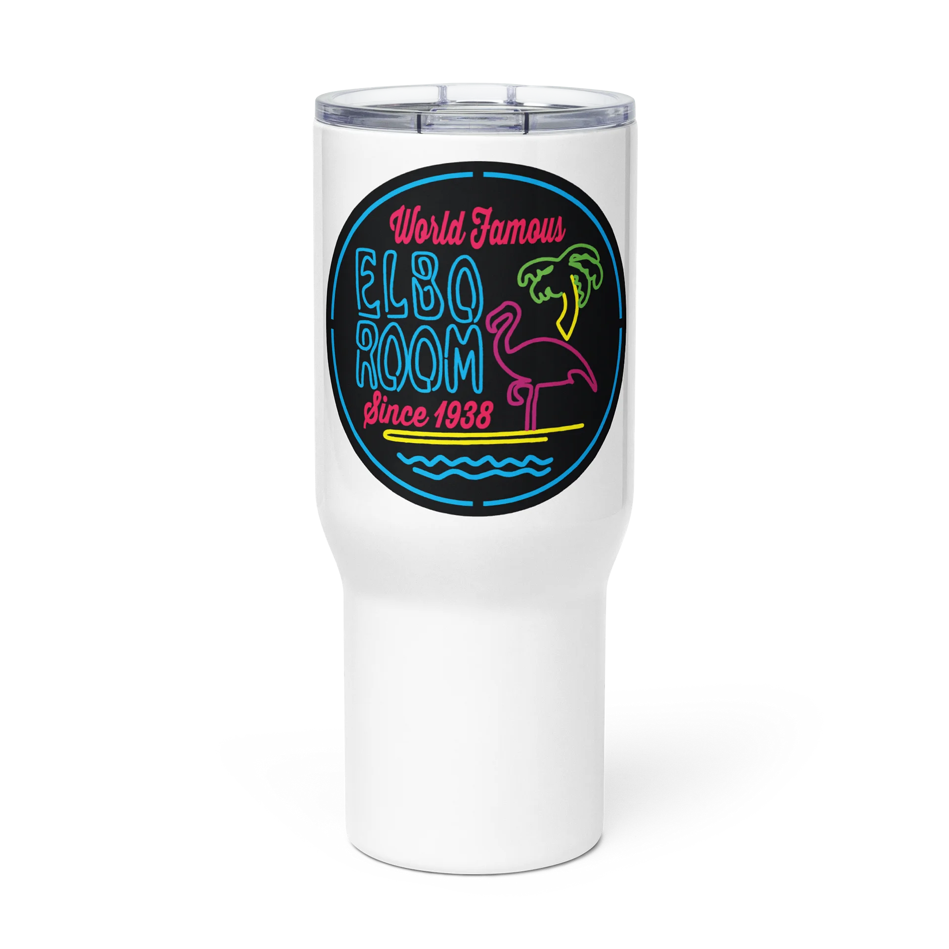 Elbo Room World Famous Neon Flamingo Travel Tumbler with Handle | White product image (3)