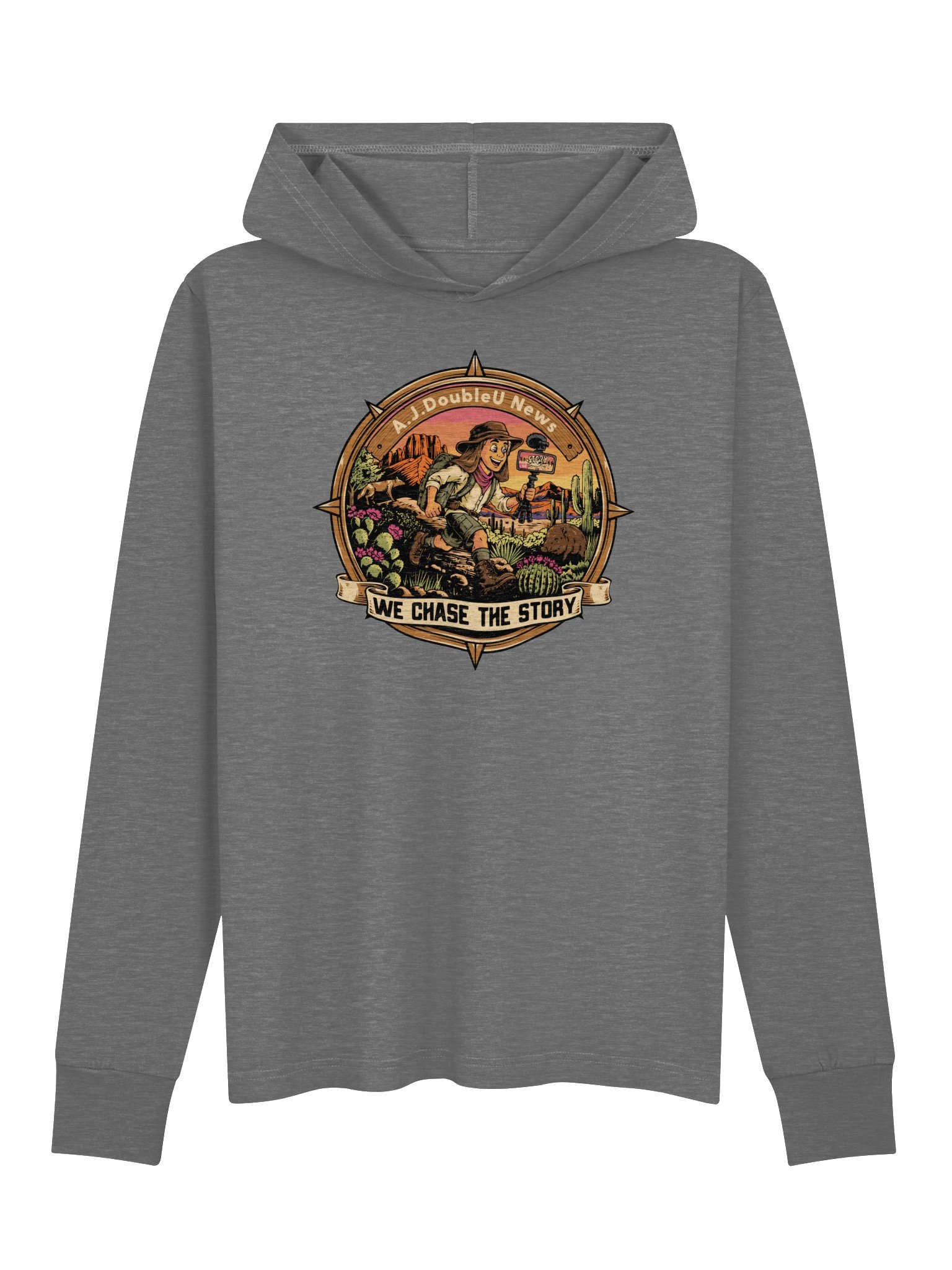 GREY Long Sleeve T-Shirt With Hoodie - A.J.DoubleU News Desert Adventure Logo product image (1)