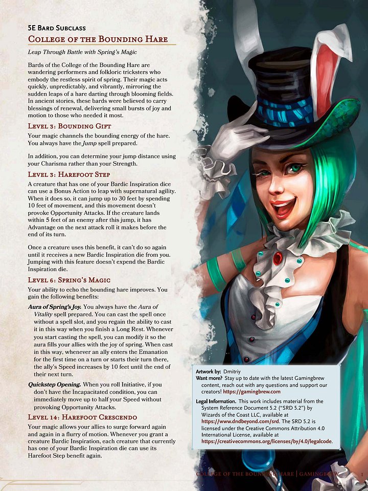 College of the Bounding Hare | 5.5E Bard Subclass product image (2)