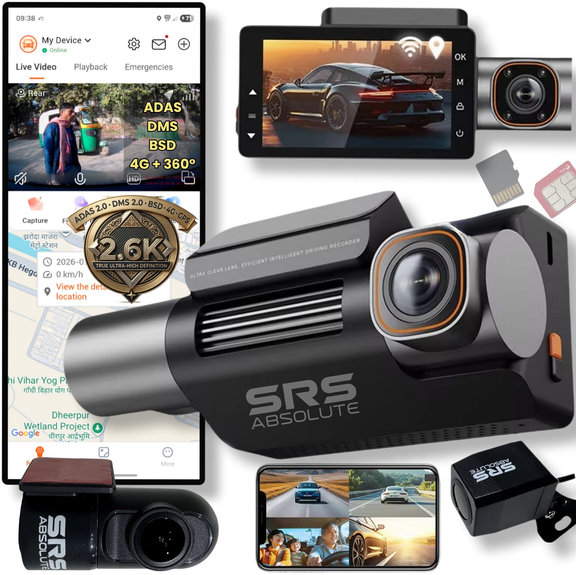 SRS ABSOLUTE 360° 4 Channel 4G 2.6K Dash Cam GPS Live Video IR Night Vision STARVIS2 ADAS BSD DMS Pedestrian Parking Monitor Calling TimeLapse WiFi Hotspot Loop Record GSensor SD SIM Support S62Gen4 product image (1)