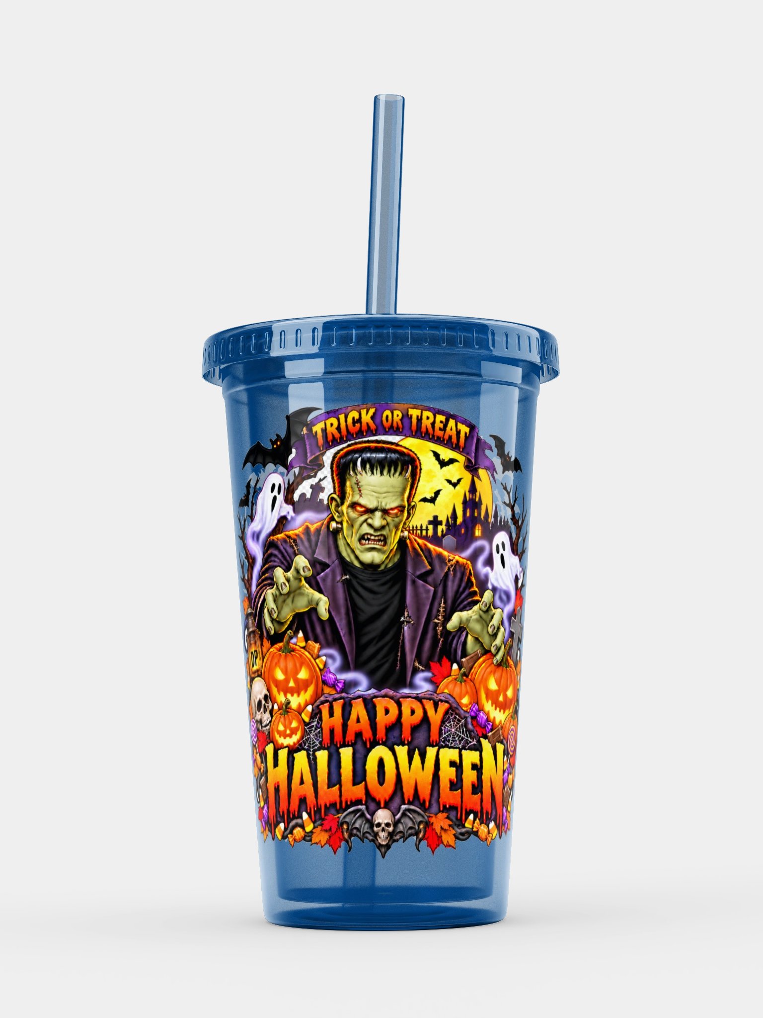 Frankenstein Happy Halloween Double Wall Clear Plastic Tumbler product image (12)