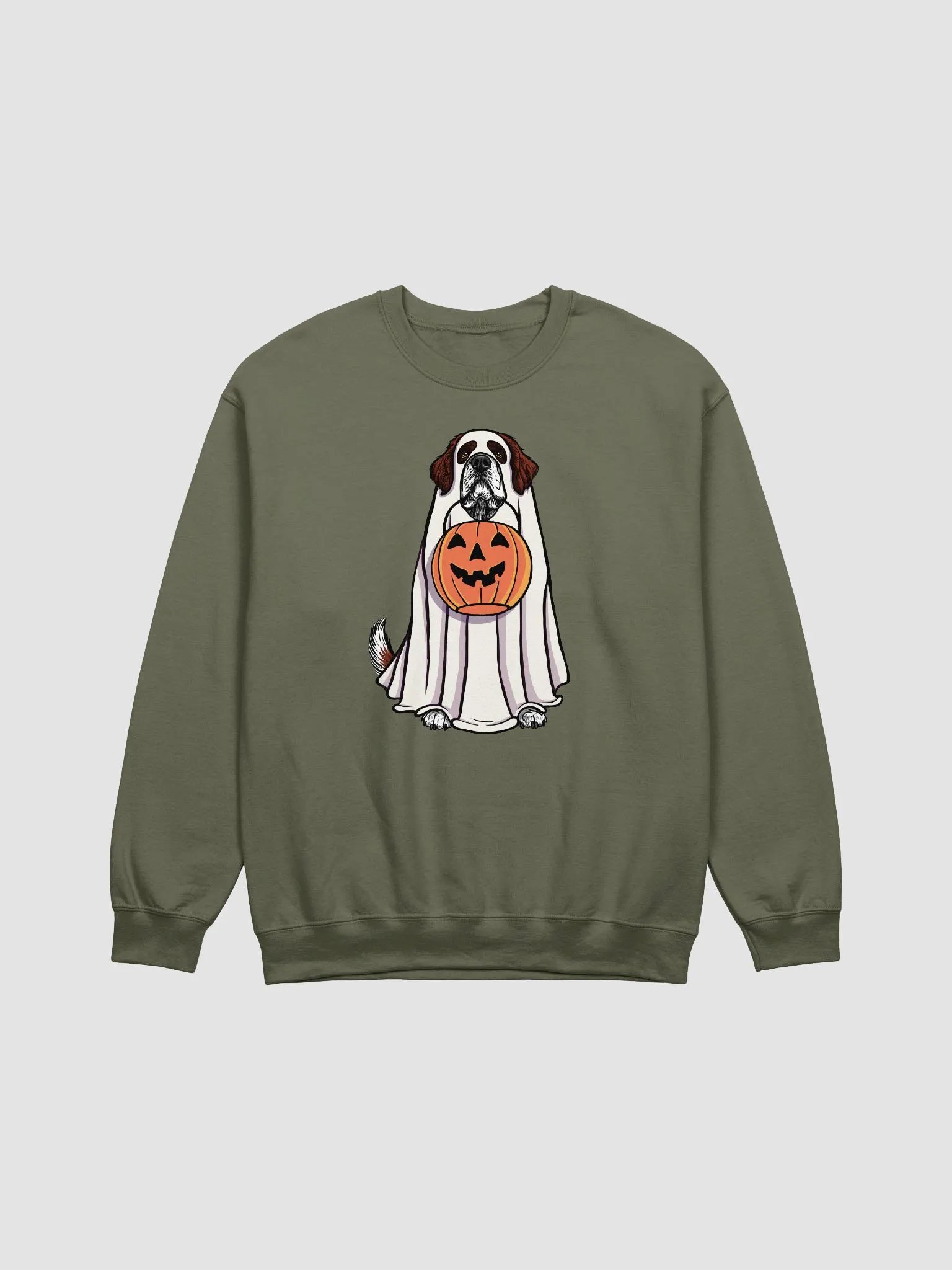 Funny Halloween Saint Bernard(Mahogany) Sweatshirt | Funny Dog Wearing a Ghost Costume and Holding a Pumpkin Basket product image (1)