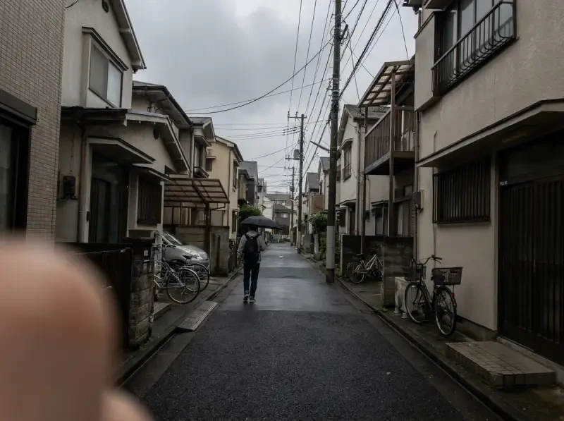 Person walking under grey sky