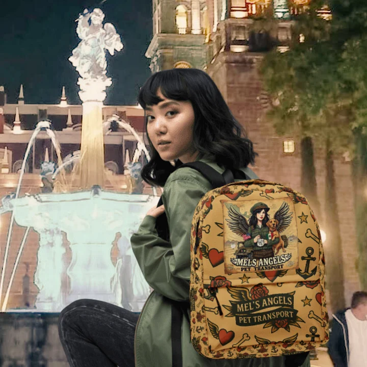 Mel’s Angels Tattoo Flash Logo Backpack – Vintage Chicano Style Travel Gear product image (1)