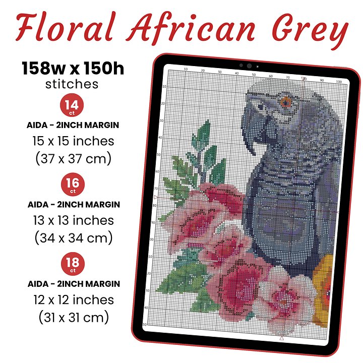 Floral African Grey Parrot Cross Stitch Pattern product image (2)