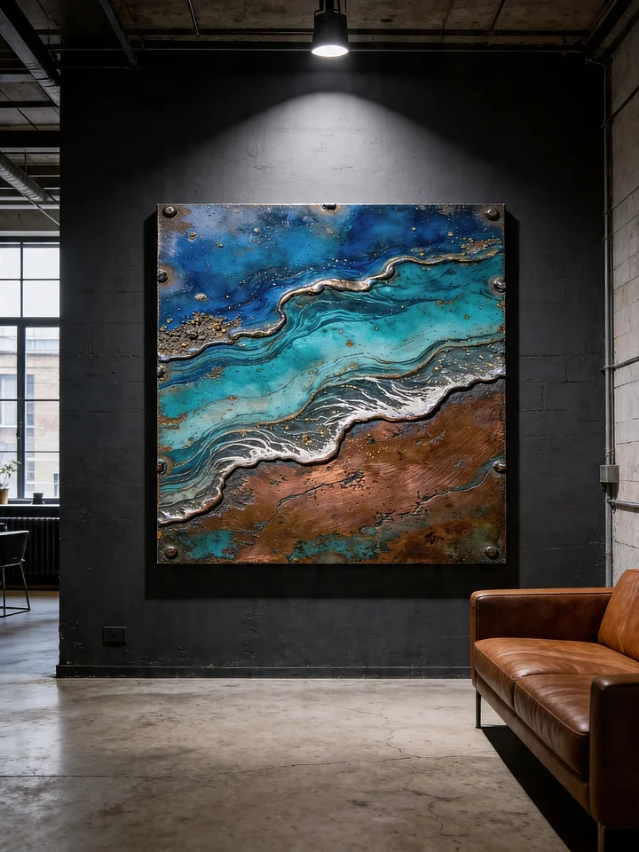 Tidal Copper Wave Canvas Print | Abstract Patina Wall Art | Cobalt Blue Verdigris Ocean Art | Industrial Mixed Media Decor | Moody Maximalist Canvas product image (2)