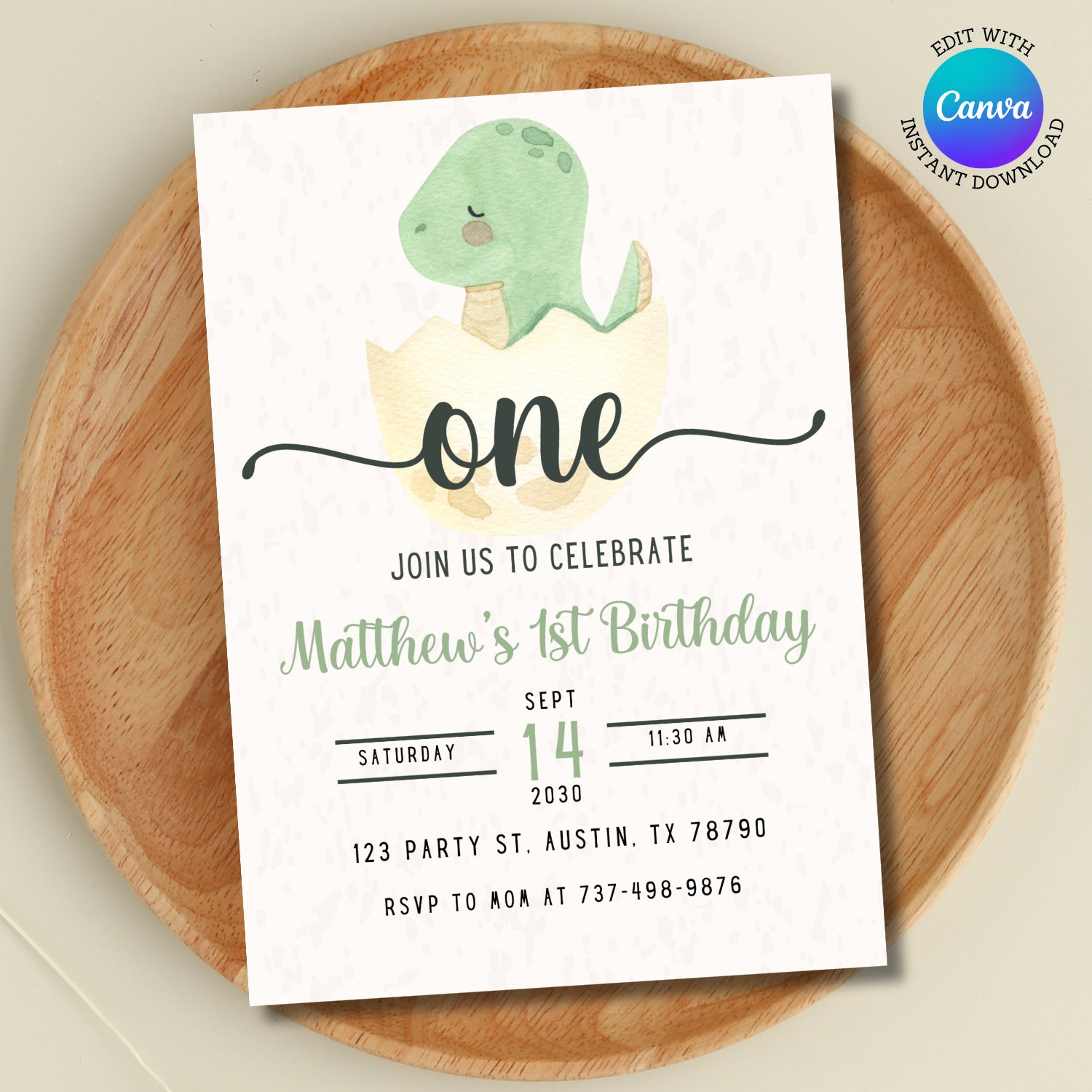 Dino First Birthday Invitation | Baby Dinosaur Egg Party Invite | Editable Canva Template | 1st Birthday Boy | Watercolor Dino Theme product image (3)