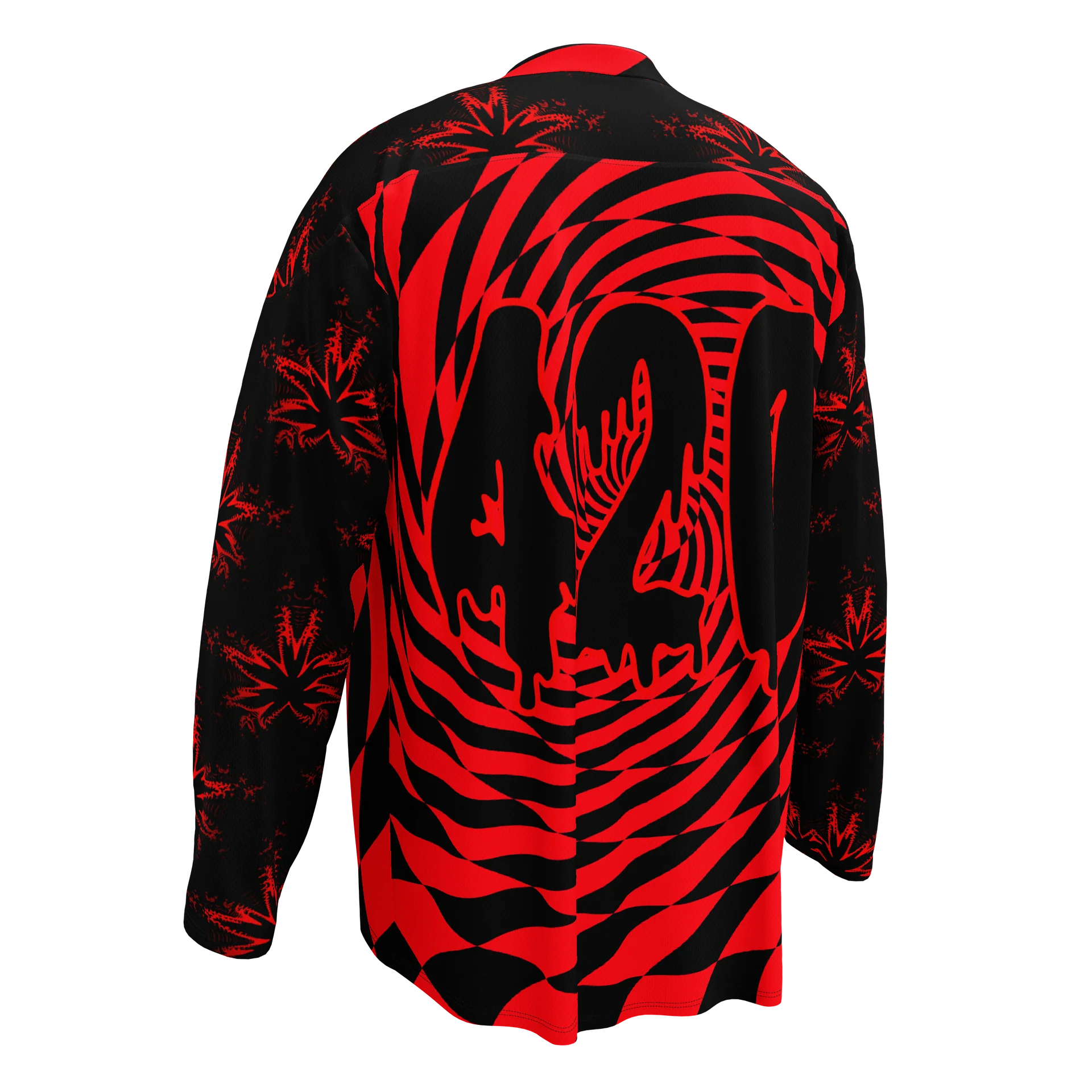 420 EDM Hockey Jersey, Black Red Cannabis Rave Shirt, Stoner Festival Fashion, Psychedelic Pot Leaf Clothes, Trippy Checkers Swirl Weed Top product image (5)