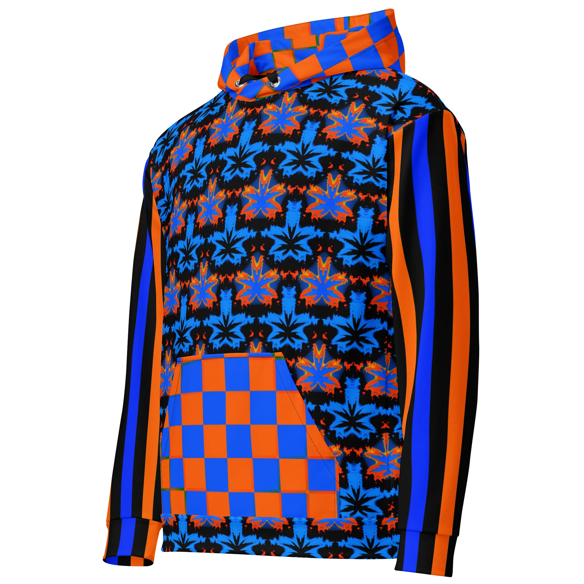 Blue Orange Black Cannabis Art 420 Hoodie, Checker Circus Stripe Clowncore Fashion, Weed Leaf Fall Festival Wear, Retro Rave Stoner Clothing product image (5)
