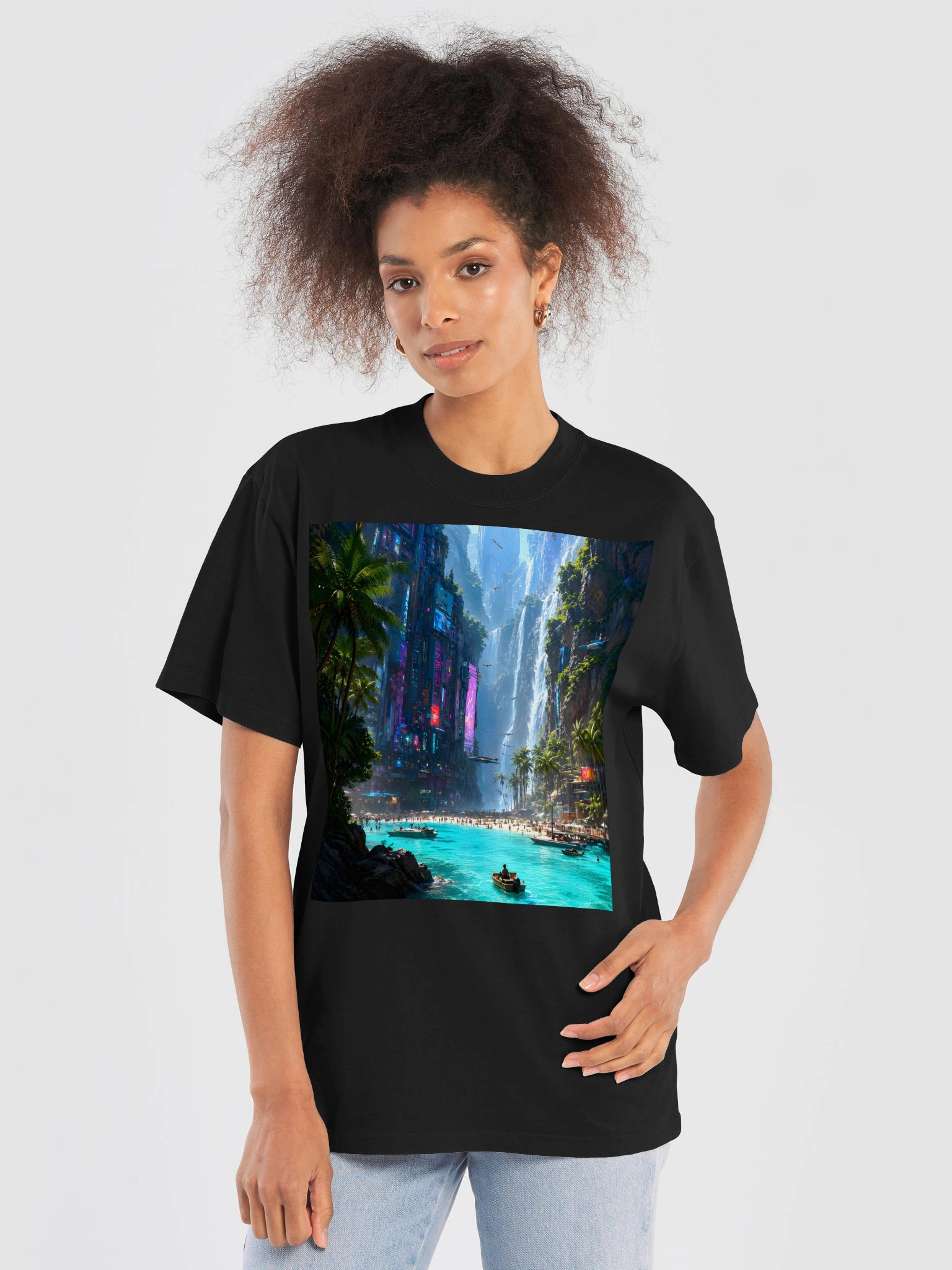 Cyberpunk Tropical Paradise T-Shirt – AS Unisex Oversized Heavyweight Futuristic Beach Tee product image (6)