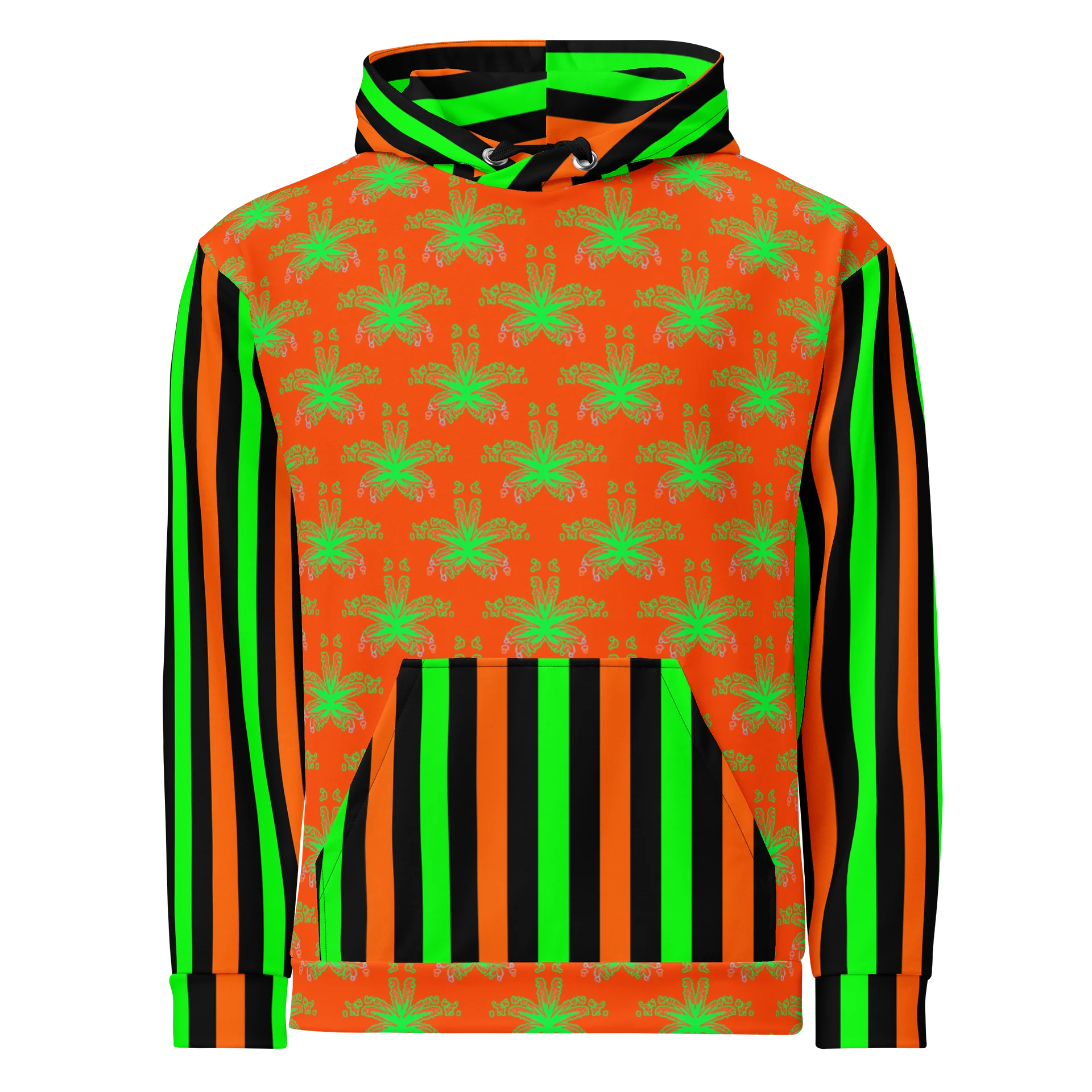 Weed Halloween Hoodie, Cannabis Circus Stripe Clowncore Clothing, Pot Leaf 420 Fall Festival Fashion, Black Orange Neon Green Stoner Clothes product image (3)