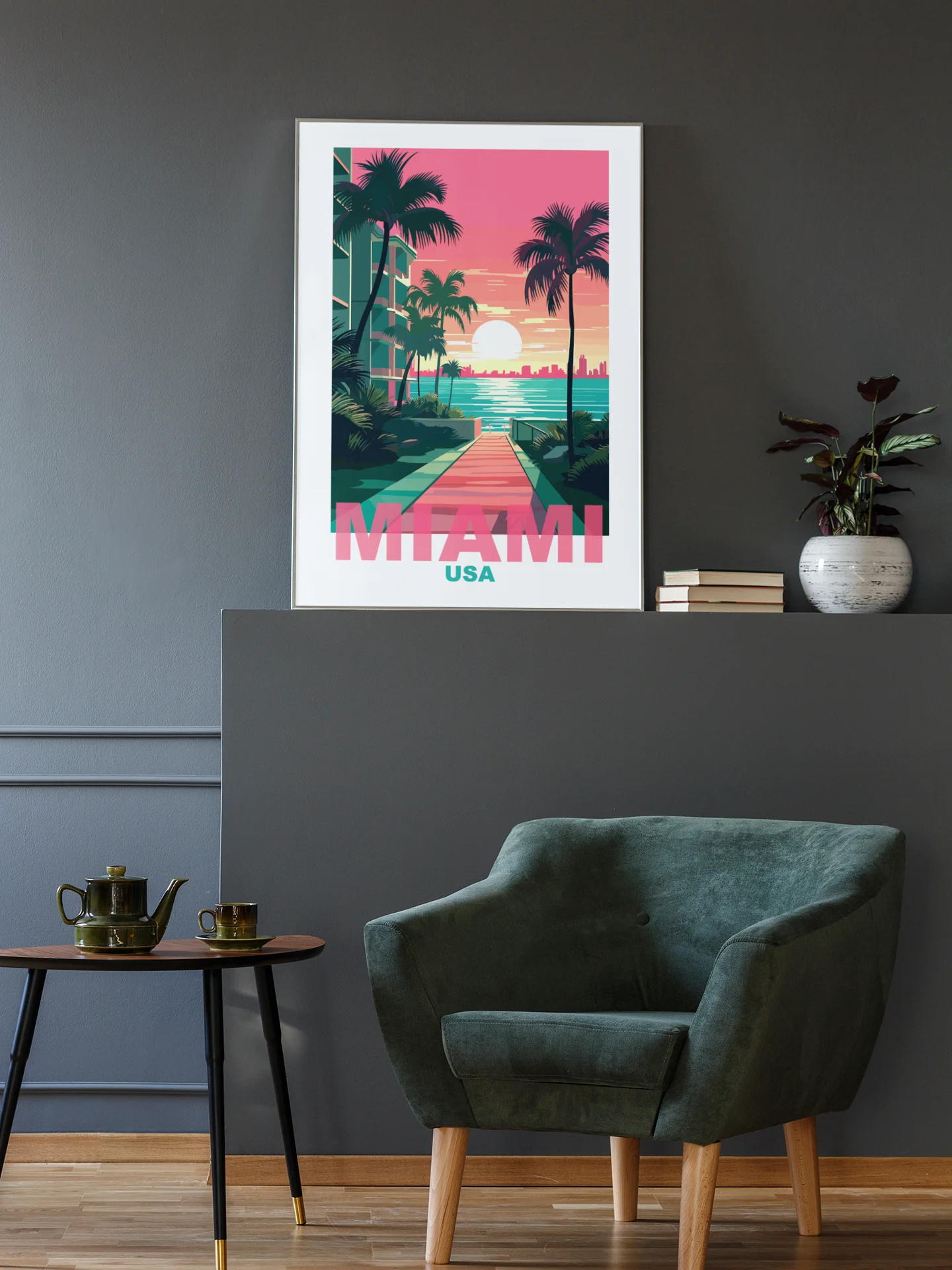 Tropical Sunset in Miami Art Print, Vibrant Beachside Palm Trees Poster, Retro Styled Miami USA Skyline, Coastal Wall Decor, Gift Idea product image (2)