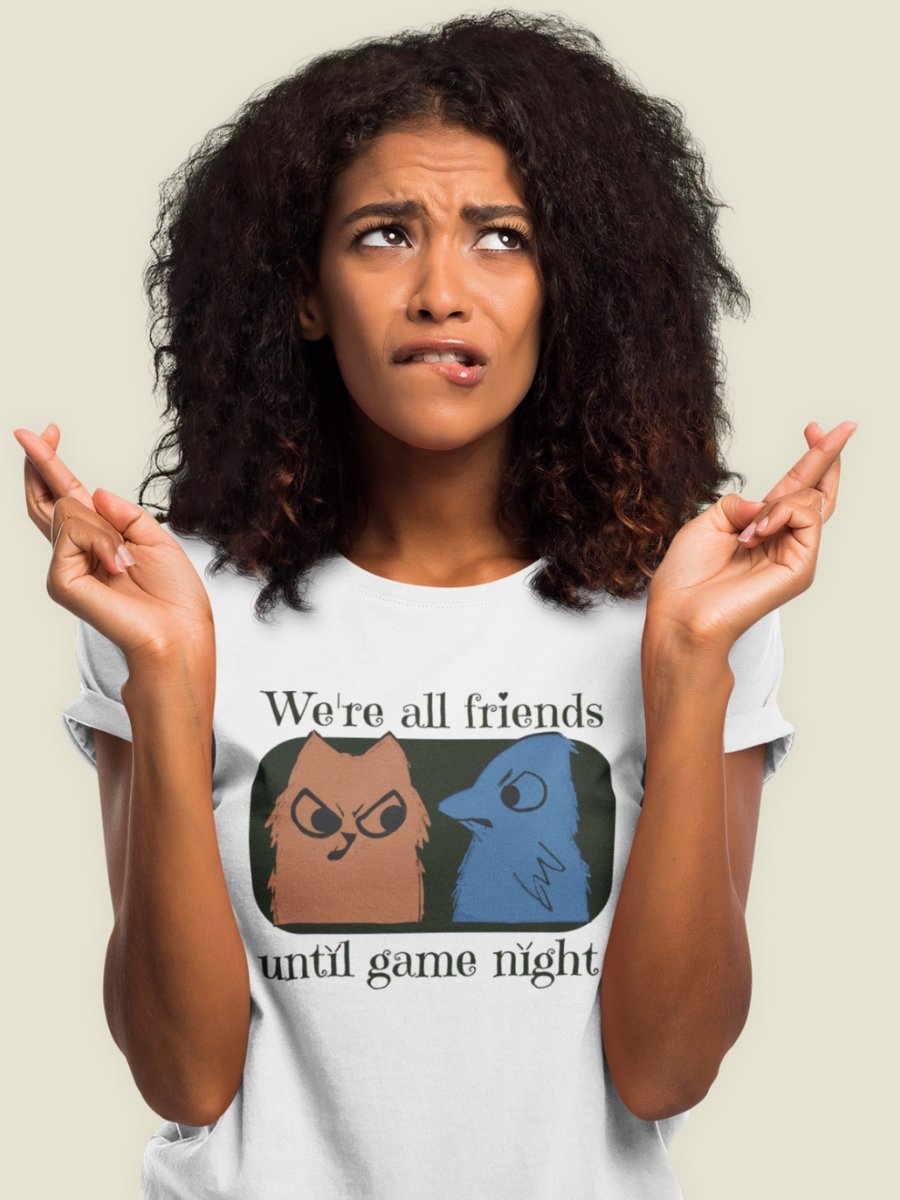 Root Game Night Shirt for Board Gamers, We're All Friends Until Game Night, Eyrie Dynasty & Marquis de Cat in White *unofficial product image (1)