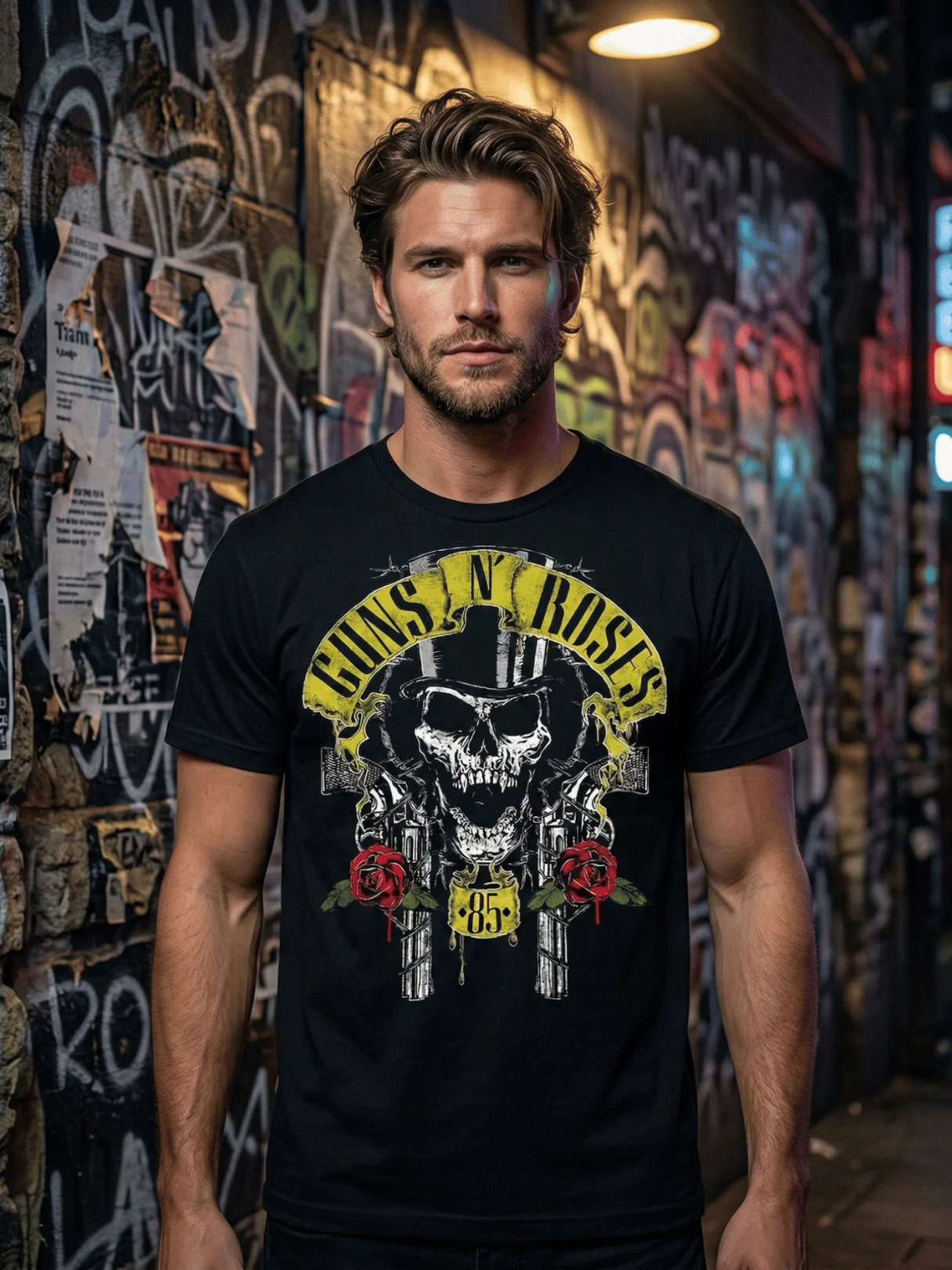Guns N' Roses 1985 Skull Crest T-Shirt | Distressed Vintage Gold Logo Graphic Tee | Founding Year Rose Pistol Hard Rock Collector Band Shirt product image (5)