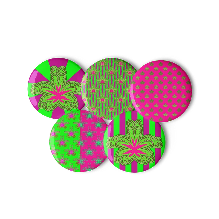 Neon Green Hot Pink Pot Leaf Pins, Stoner Circus Cannabis Art Pin Button Set, Weird Weed Accessories product image (1)