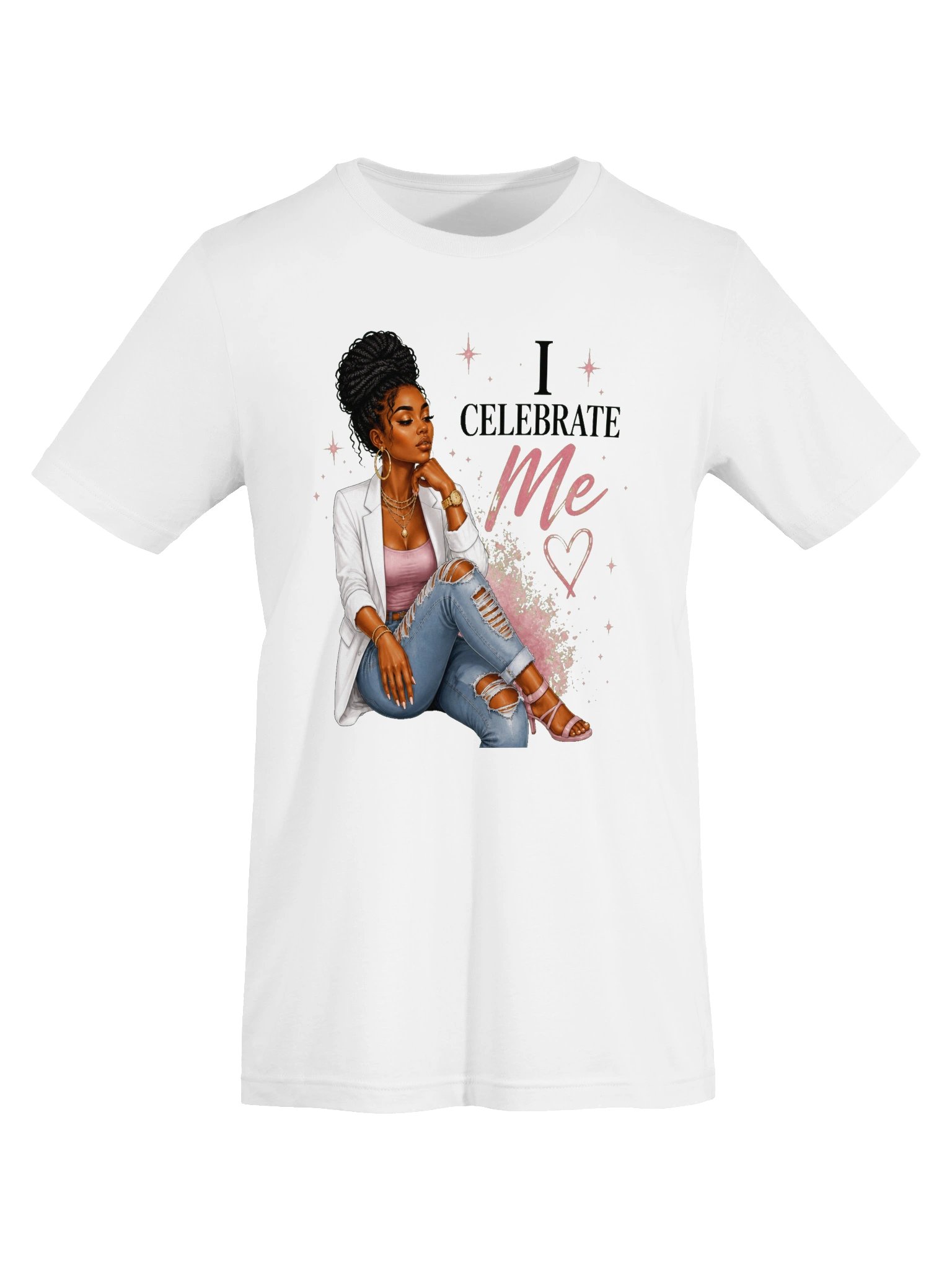 ADLEST Women's Self Love Motivational T-Shirt, I Celebrate Me Black Queen Cartoon Lady Pink Splash Heart Star Positive Quote Casual Loose Fit Top product image (105)