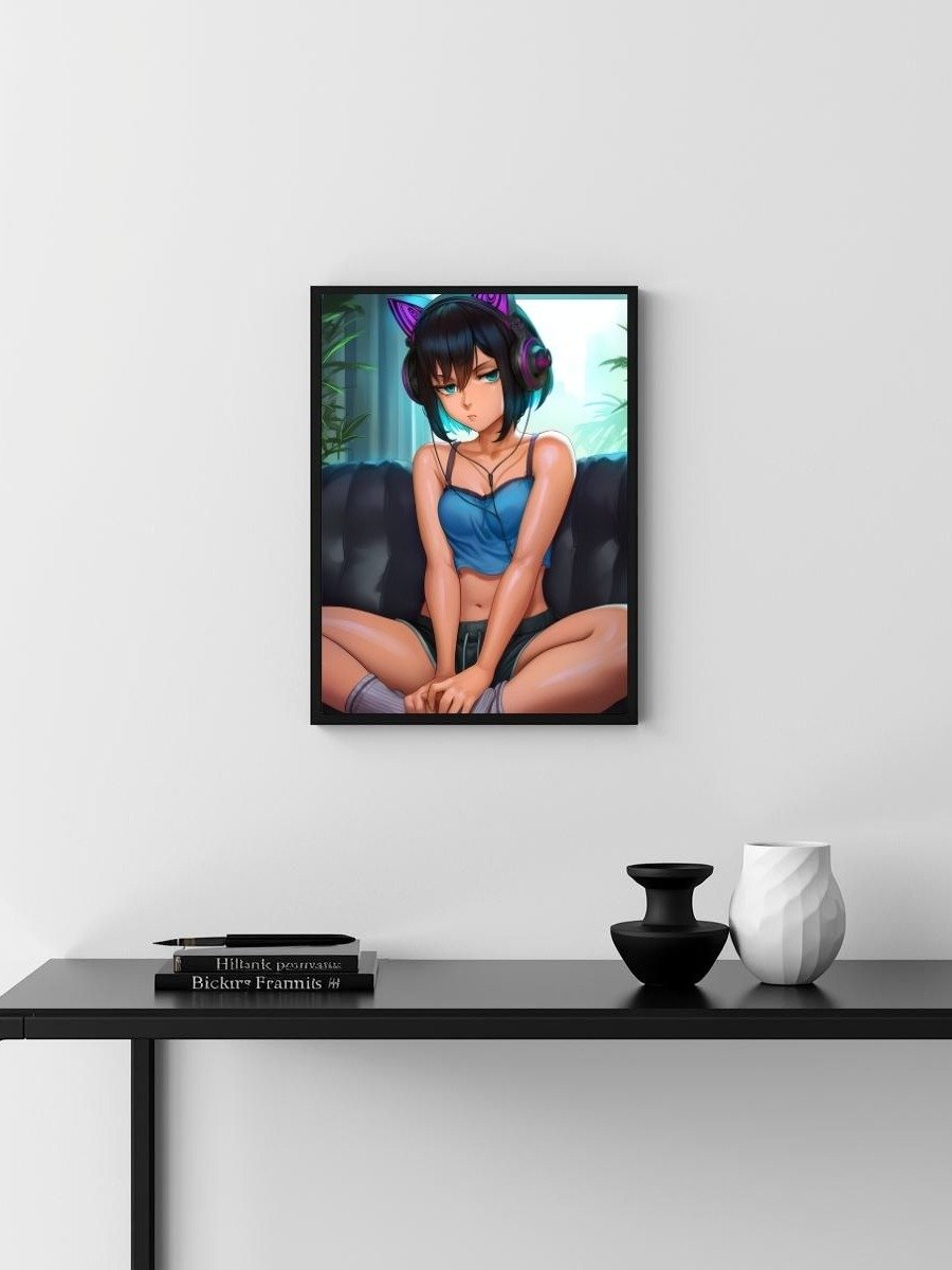 Anime Cat Ear Gamer Girl Blue Crop – Glossy 8x10 Metal Print product image (3)