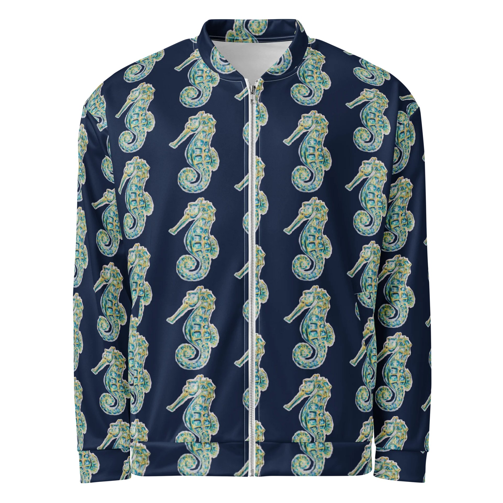 All-Over Print Bomber Jacket | Coastal Cool, City Bold | Monique Faella Designs™ Style | Painted Seahorses Pattern product image (1)