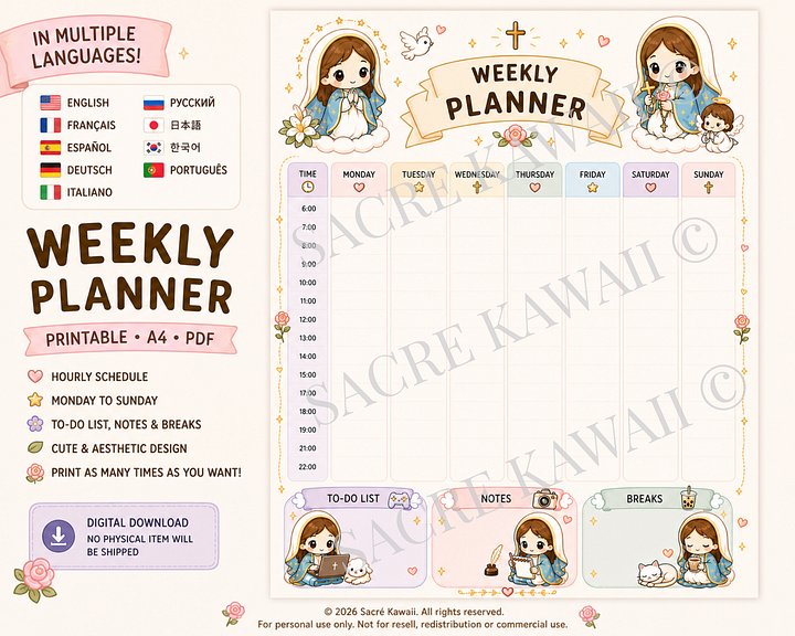 FR/EN/DE/ES/IT/PT/RU/KO/JP Kawaii Weekly Planner Printable | Mary Chibi Style (Digital Download) product image (2)