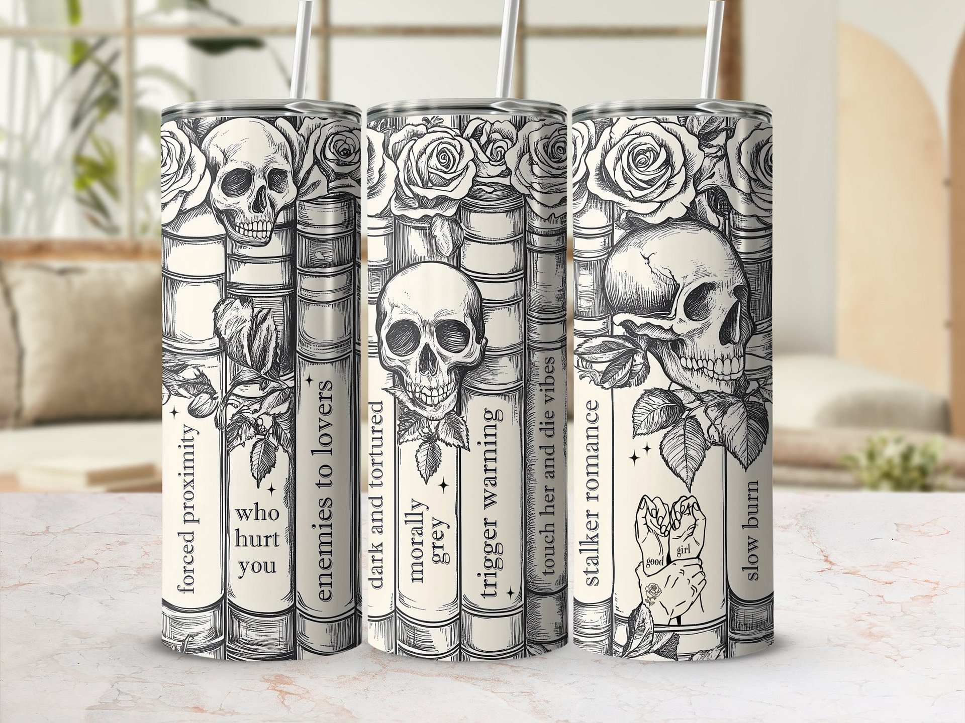 Dark Romance Skull Roses Vintage Line Art Smutty Book Tropes 20oz Tumbler Full Wrap PNG, Seamless Sublimation Design, Digital Download product image (4)