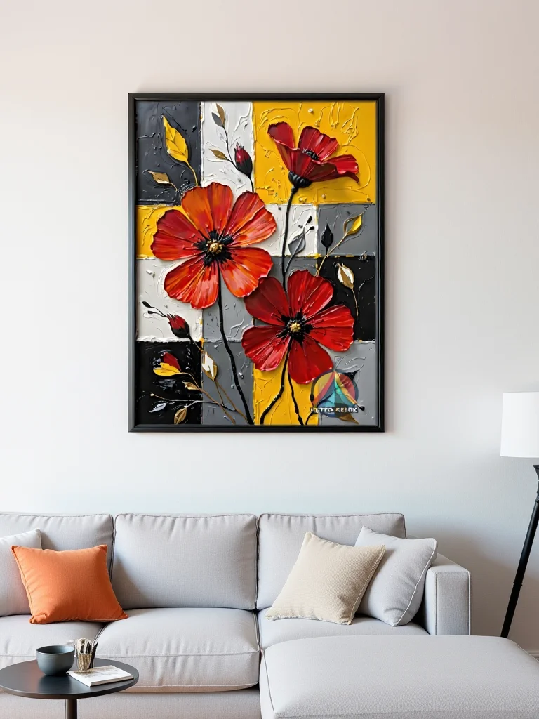 Bold Blooms & Retro Hues – Textured Floral Wall Art on Geometric Color Block Background product image (3)