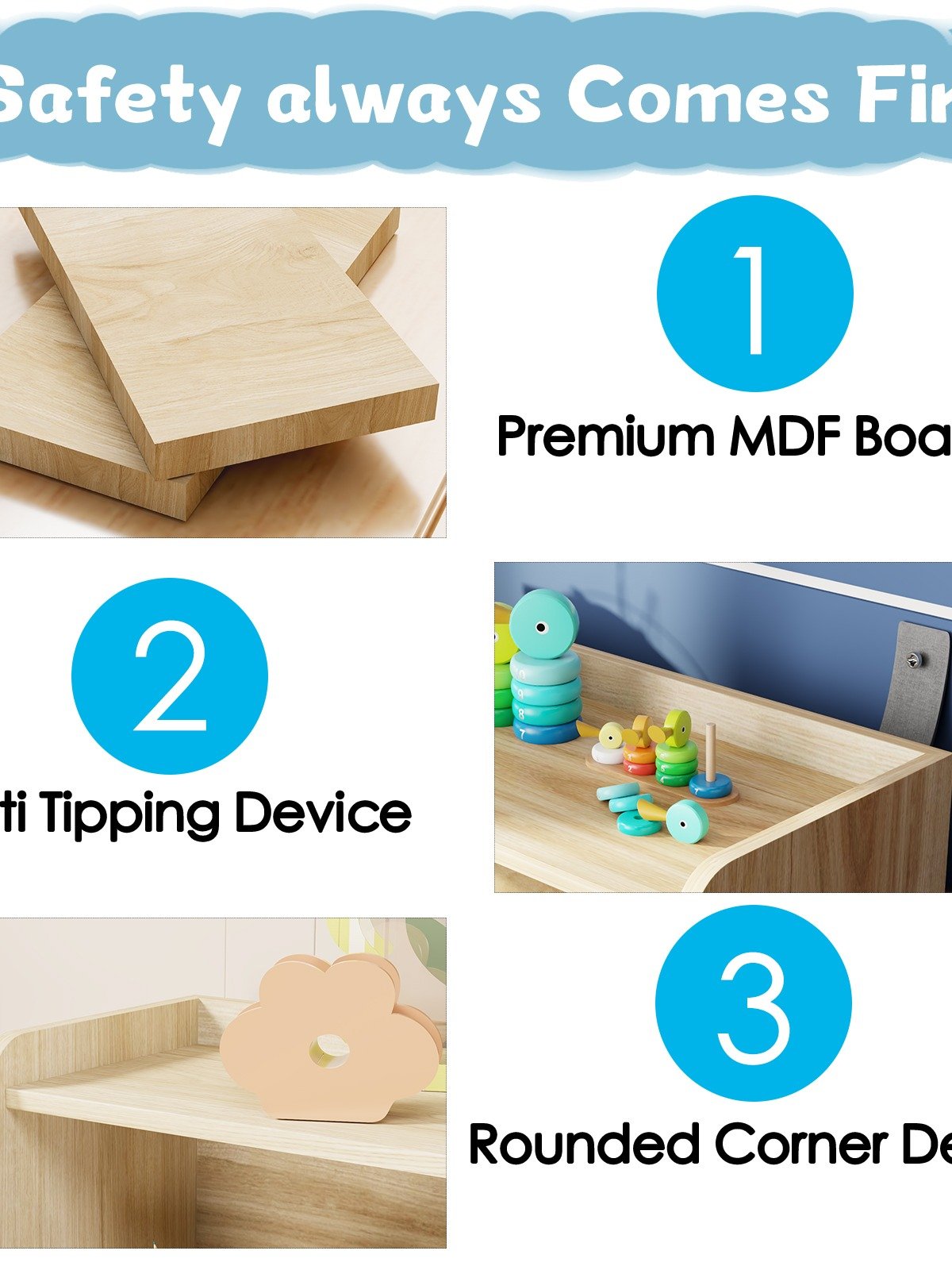 3-Tier Portable Toy Storage, Kids Toy Organizer W/2 Removable Bins with 4 Wheels（Wood) product image (5)