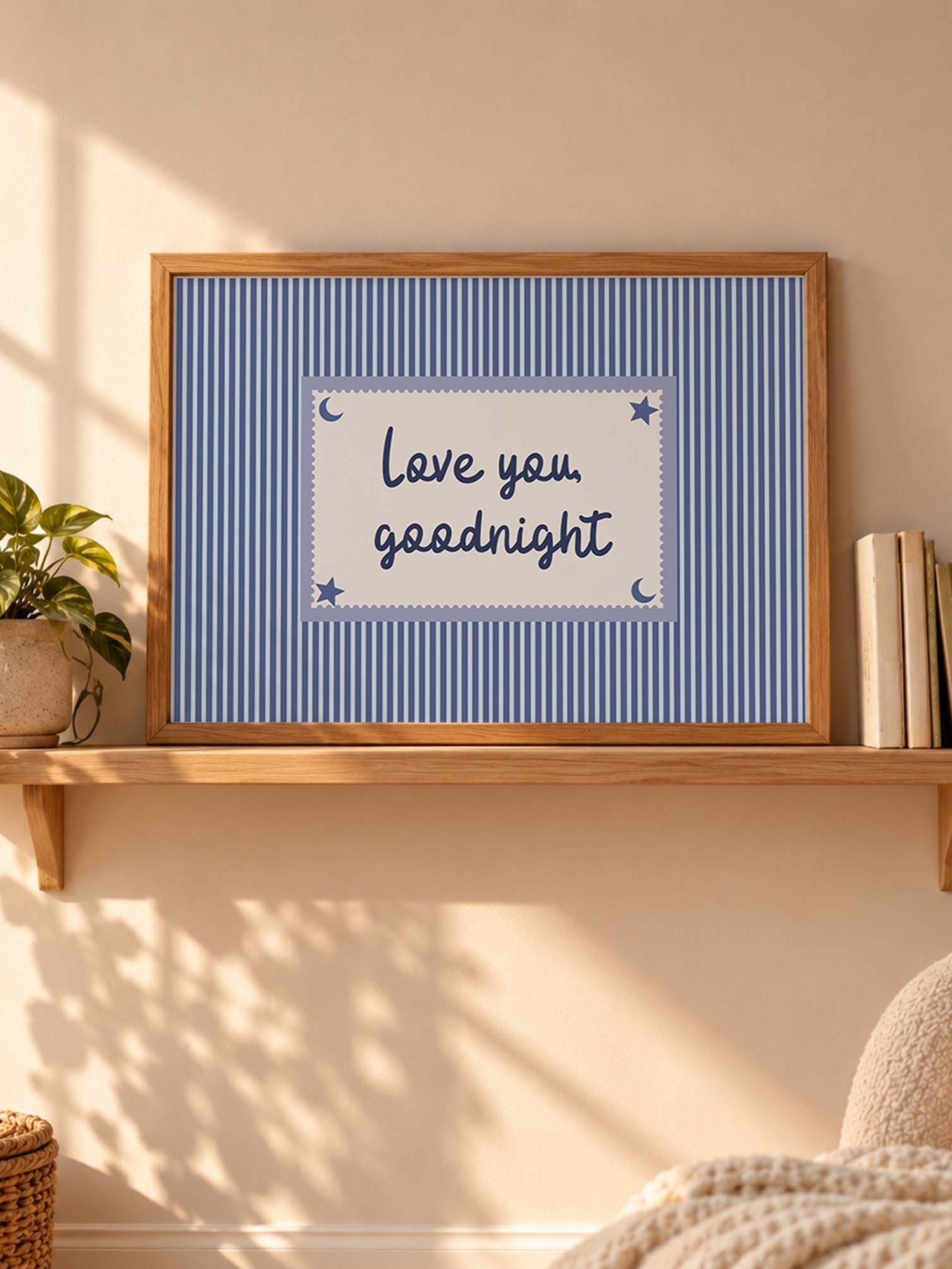 Love You Goodnight Print, Blue Striped Bedroom Wall Art, Handwritten Bedtime Quote, Nursery Decor, Horizontal Digital Download product image (4)
