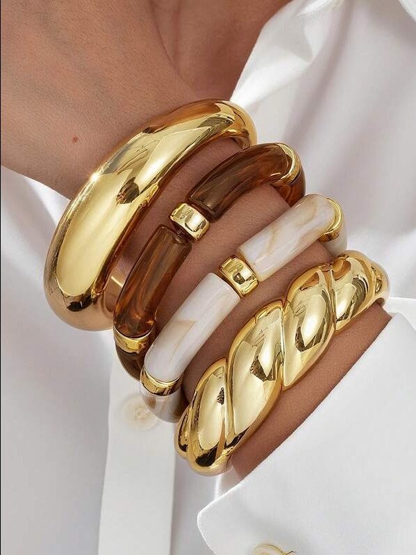 4pcs Vintage Minimalist Elegant Resin Acrylic Brown Elastic Bracelet Set, Suitable For Women's Daily Wear, Gift For Holidays, Stackable, 2025 New Arrival product image (1)