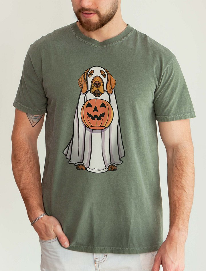 Funny Halloween Vizsla T-Shirt | Funny Vizsla Wearing a Ghost Costume and Holding a Pumpkin Basket product image (2)