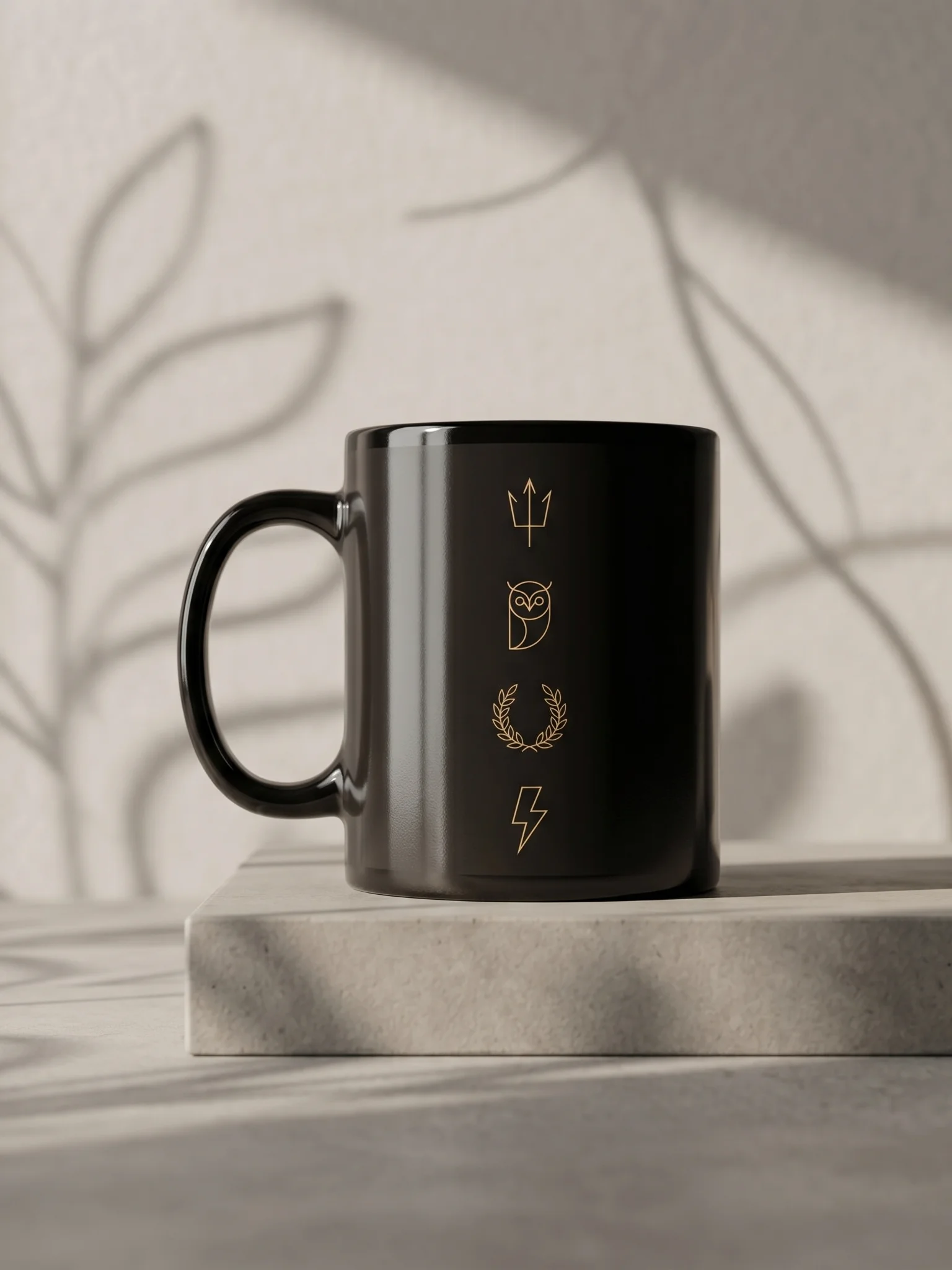 Greek Mythology Symbol Mug – Minimal Trident, Owl & Laurel Design in Black & Gold product image (1)