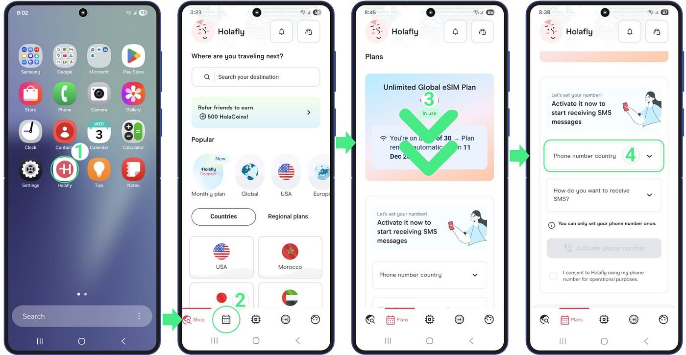 Holafly app setup steps 1 to 4: opening the app, tapping Plans, and finding the Phone number country option