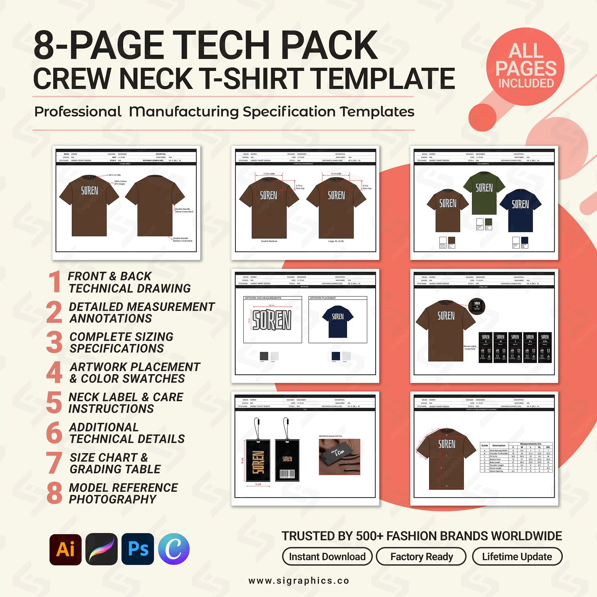 Crew Neck T-shirt Clothing Tech Pack Template product image (3)