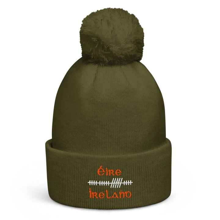 Ireland/Éire Orthodox Style Ogham, Green with white and orange, embroidered Pom-Pom Beanie product image (1)