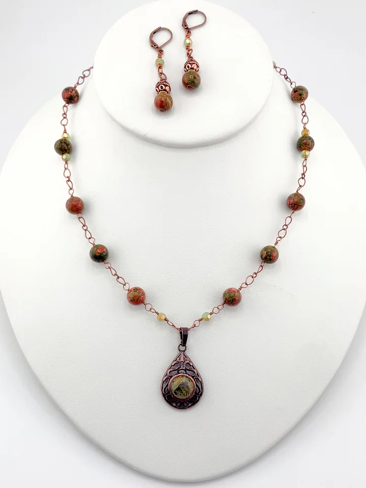 Unakite and Antique Copper Beaded Pendant Necklace, Bracelet, and Earrings Set product image (2)