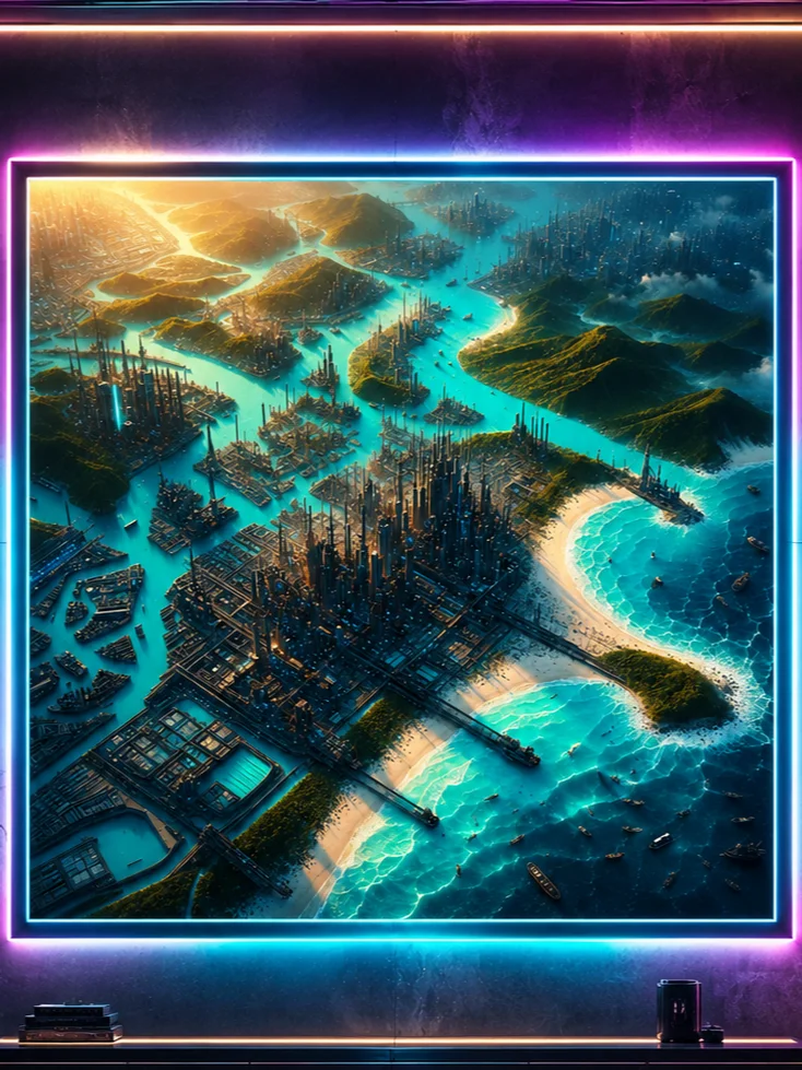 Futuristic Coastal City Art Print | Sci-Fi Ocean Metropolis Wall Decor product image (1)