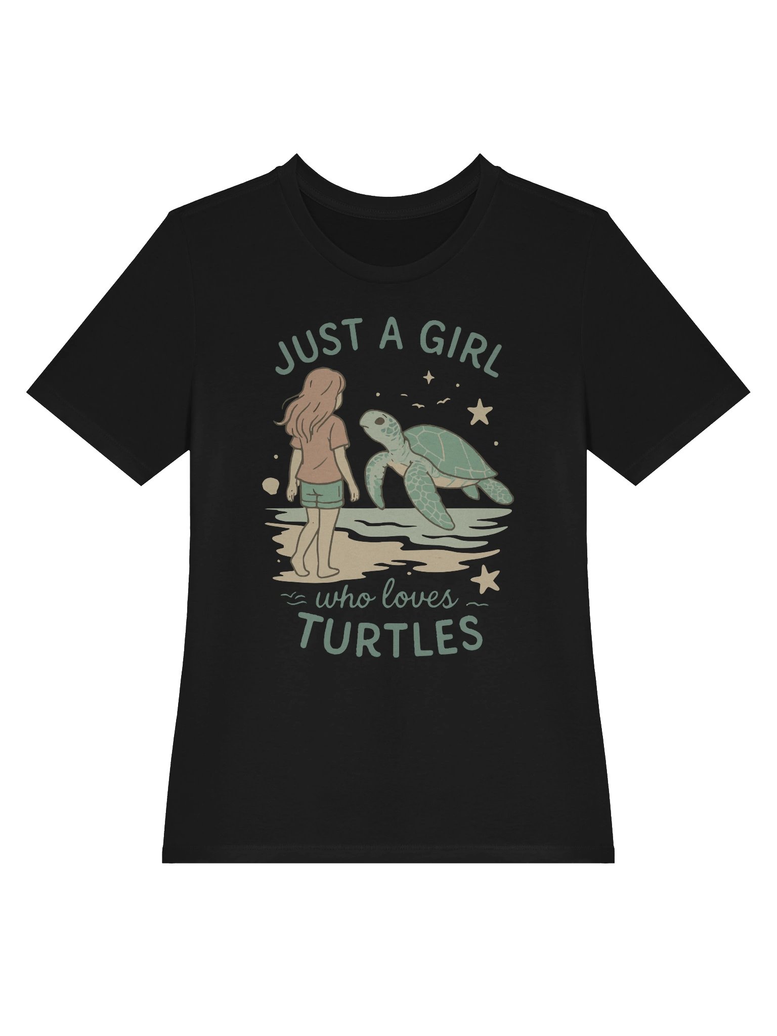 Retro Ocean Design with Girl and Sea Turtle – Cute Pastel Beach Scene for Marine Life Lovers product image (3)