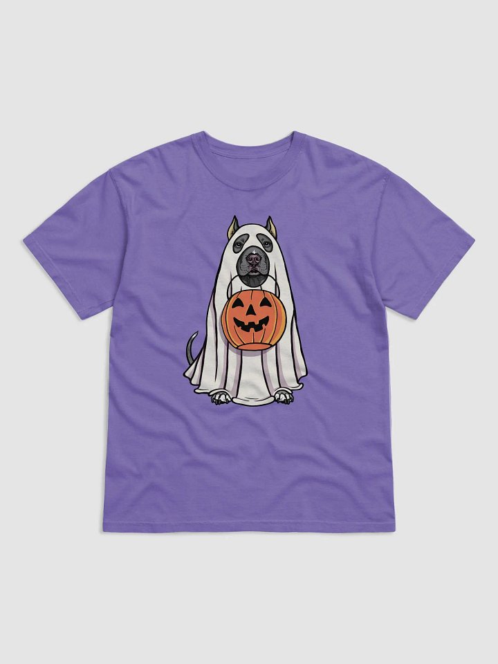 Funny Halloween Pitbull Terrier(Cropped Ears, Blue) T-Shirt | Funny Pittie Wearing a Ghost Costume and Holding a Pumpkin Basket product image (1)