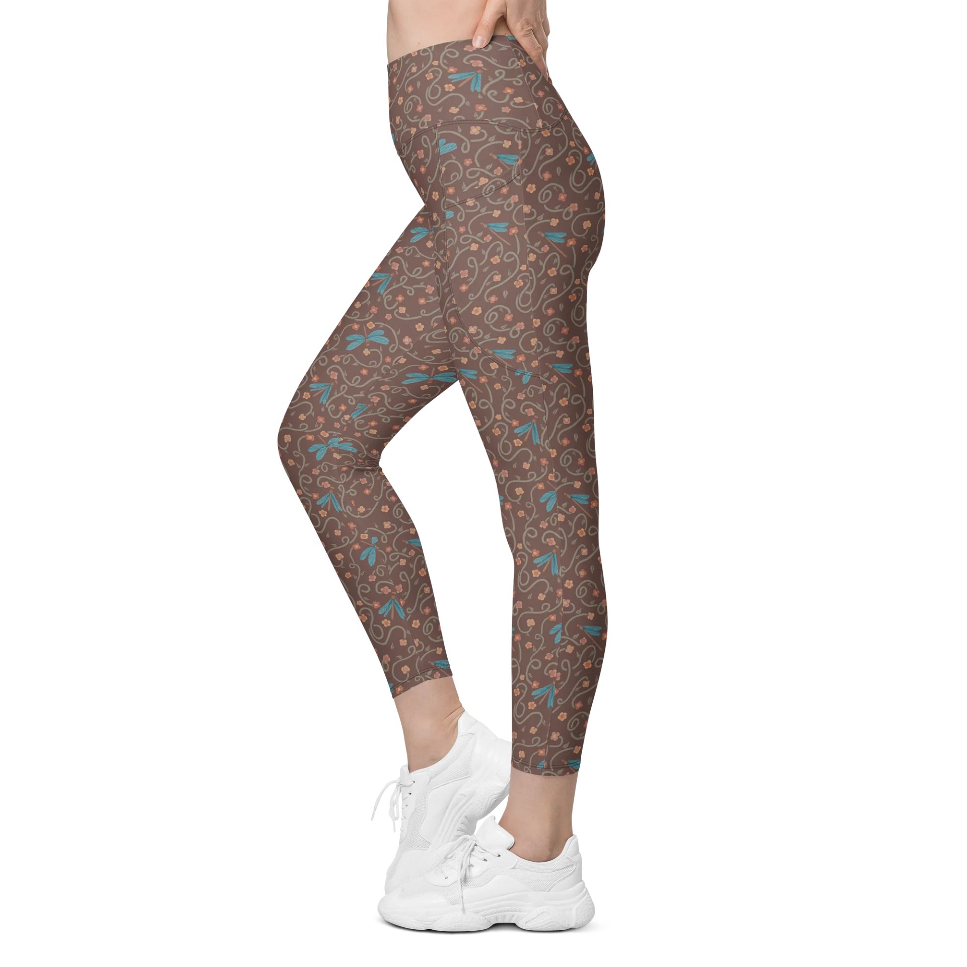 All-Over print leggings with pockets. Dragonfly and floral artistic activewear product image (4)