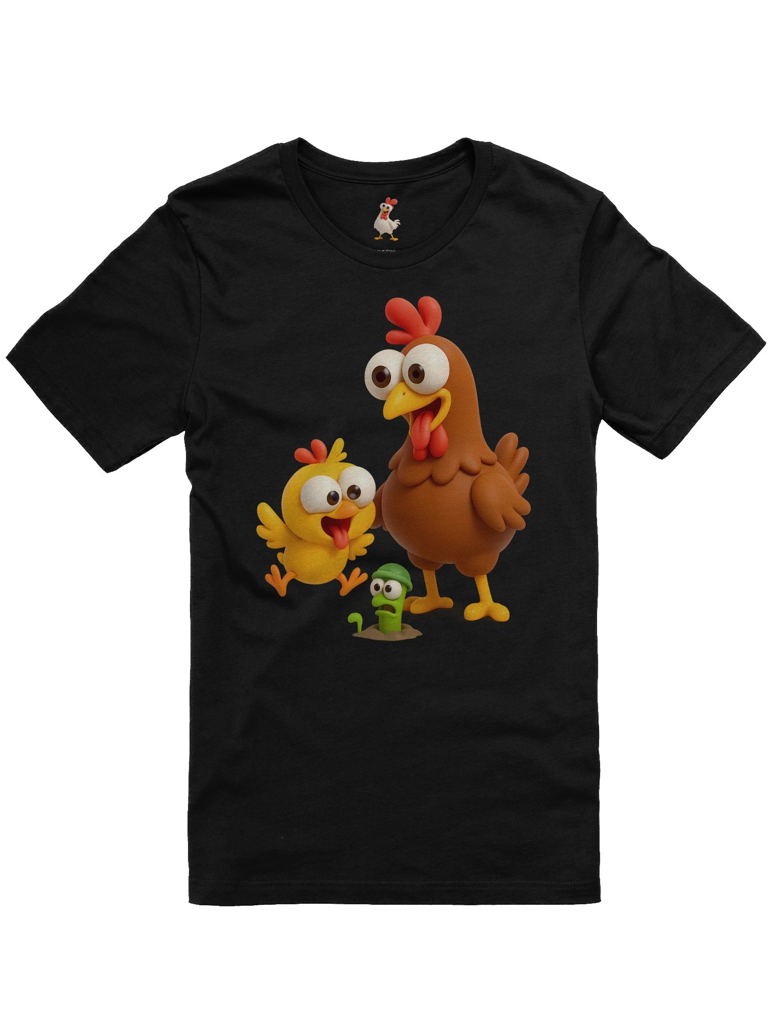 Funny Chicken Family T-Shirt – Crazy Hen, Chick and Worm Cartoon Tee product image (1)